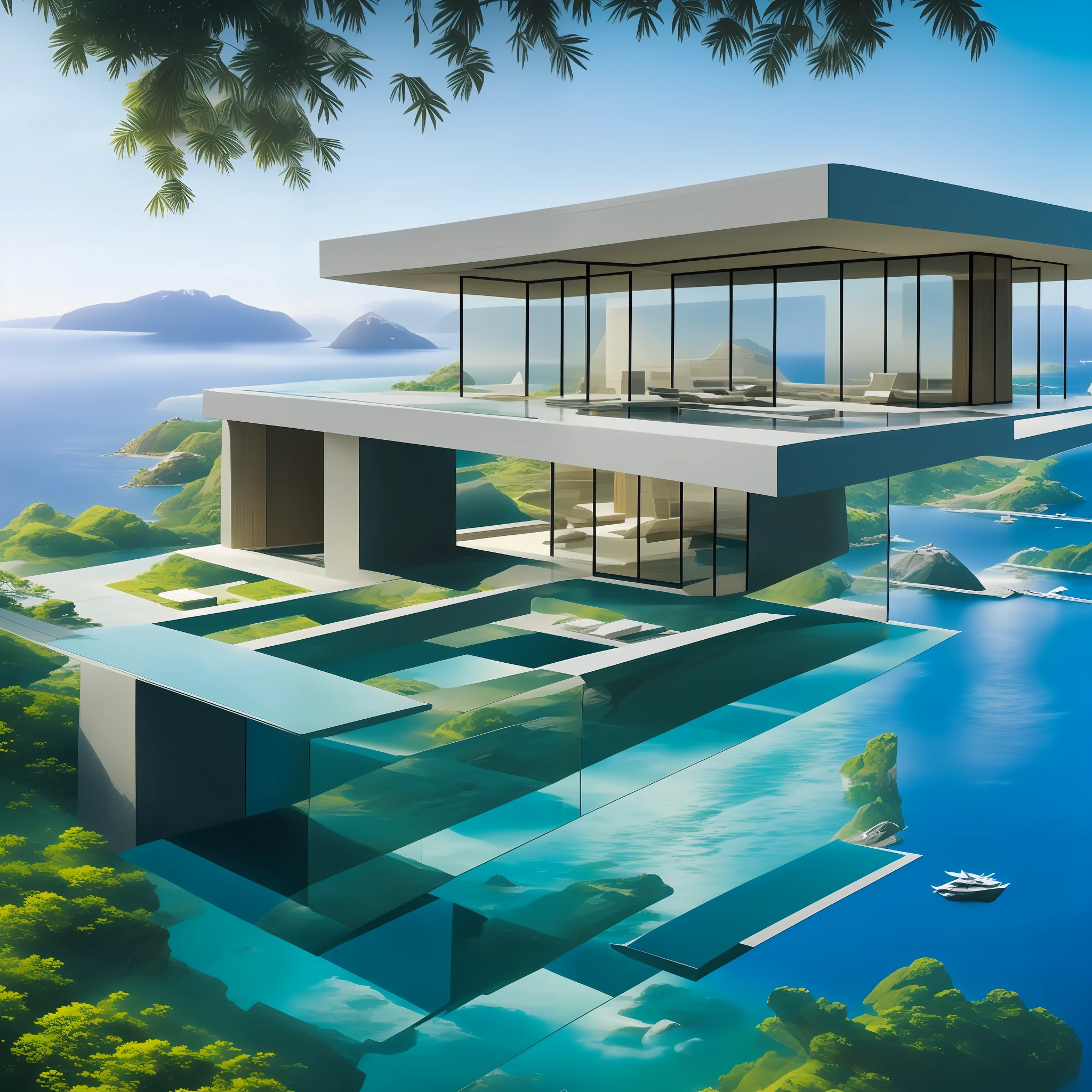 a modern futuristic design large cliff House's with a artificial waterfall and a pool in the middle, nature meets architecture, built around blue ocean, realistic beehive architecture, organic architecture, very close to real nature, breathtaking render, island with cave, stunning architecture, luxury architecture, realistic fantasy render, by Zha Shibiao, epic and stunning, architectural visualization, epic architecture, concept art. 8 k