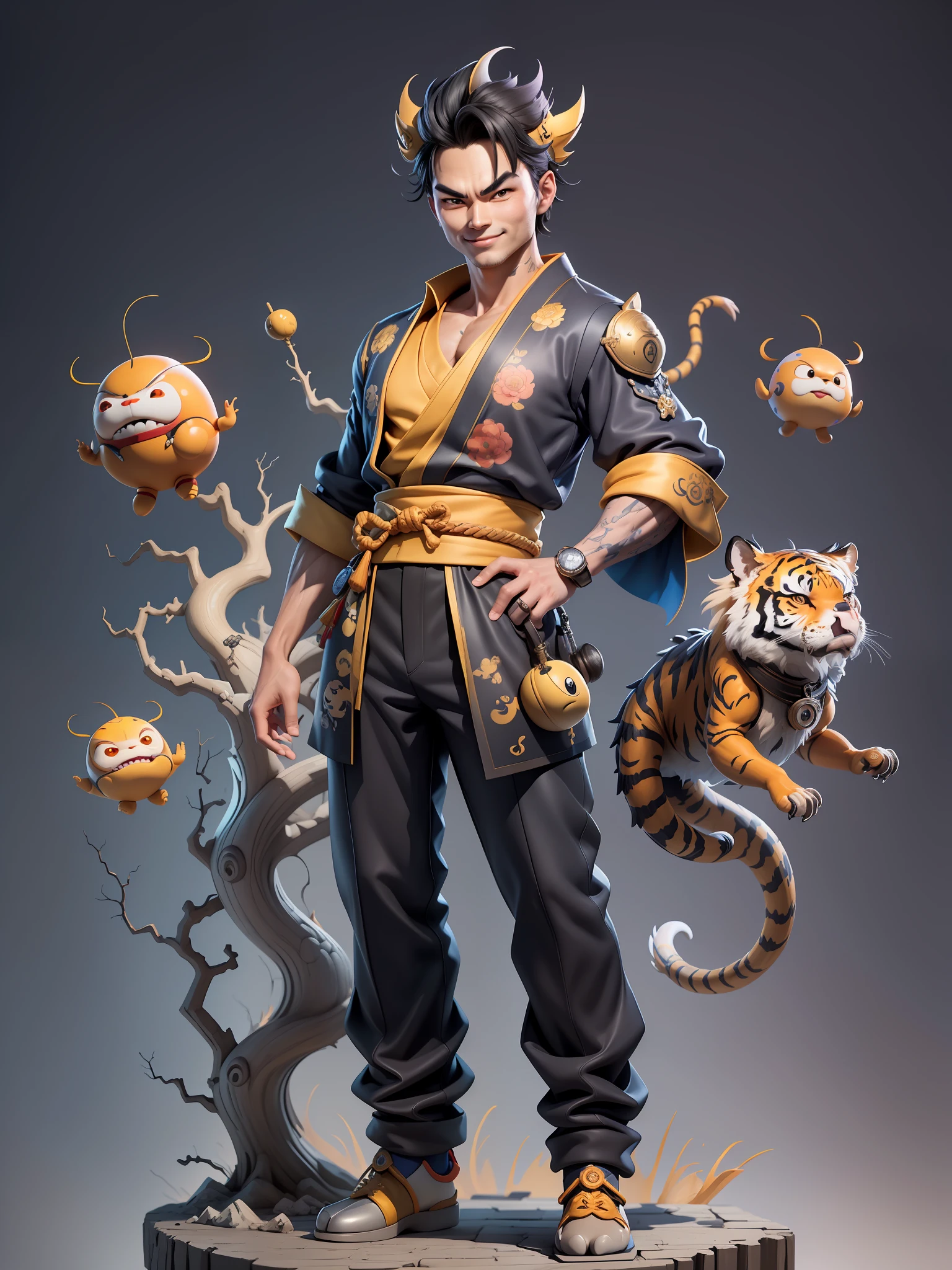 (Masterpiece), (Excellent), (Super Meticulous), (Full Body: 1.2), Super Young Man with Japanese Female Geisha, Beauty, Chinese Dragon, Tiger, Wind God Thor, Sexy, Bursting, Oriental Face, TV Anchor, Bust Portrait Illustration, Black Suit, Blue Tie, Slightly Chubby, Very Clean Face, No Beard, Black Super Short Hair, Black Eyes, Confident Smile, 3c Computer Sub-Products, iPad, iPhone, Digital Painting, 3D Character Design by Mark Claireden and Pixar and Hayao Miyazaki and Akira Toriyama, The illustration is a high-definition illustration in 4K resolution with very detailed facial features and cartoon-style visuals.