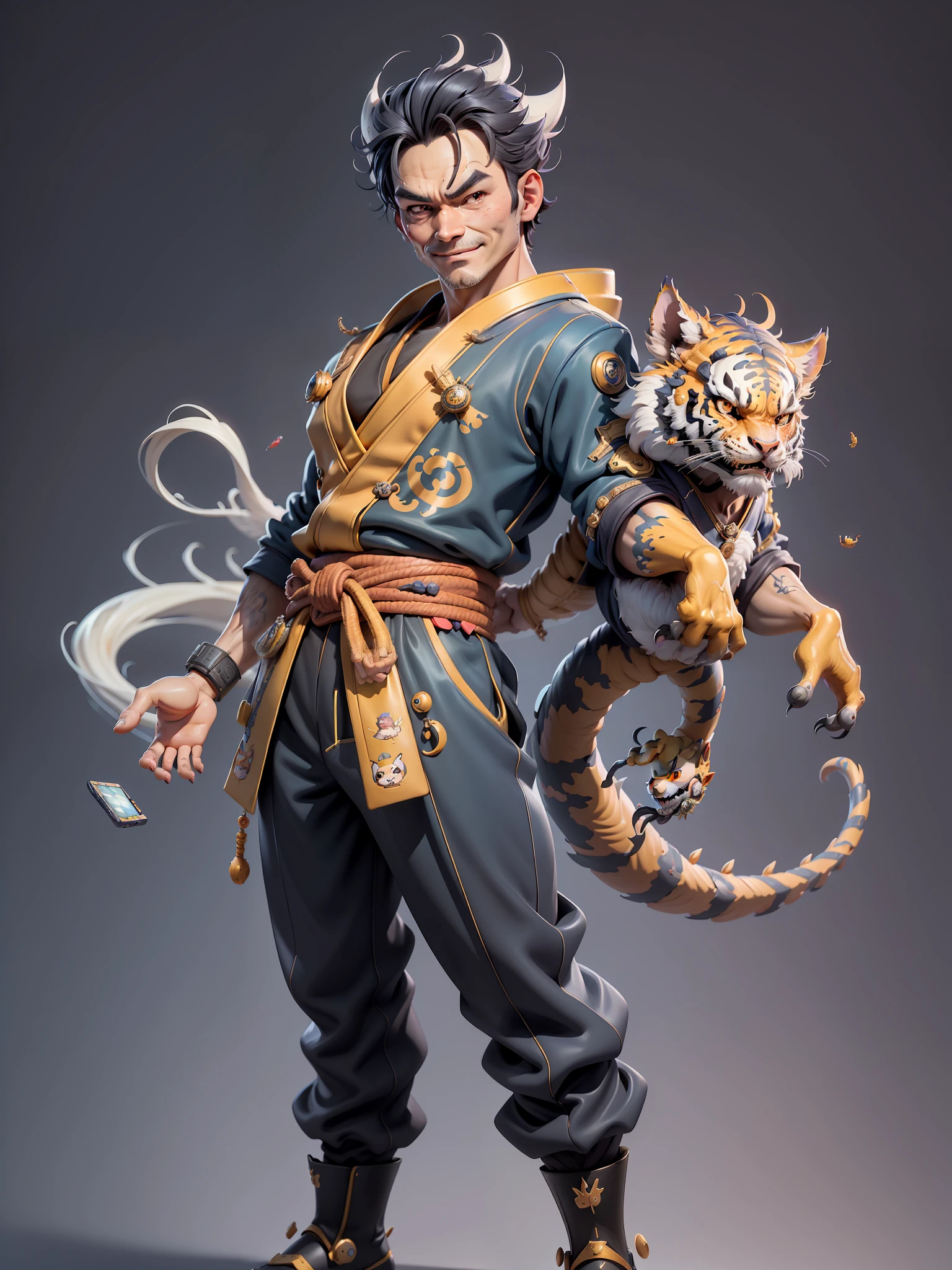 (Masterpiece), (Excellent), (Super Meticulous), (Full Body: 1.2), Super Young Man with Japanese Female Geisha, Beauty, Chinese Dragon, Tiger, Wind God Thor, Sexy, Bursting, Oriental Face, TV Anchor, Bust Portrait Illustration, Black Suit, Blue Tie, Slightly Chubby, Very Clean Face, No Beard, Black Super Short Hair, Black Eyes, Confident Smile, 3c Computer Sub-Products, iPad, iPhone, Digital Painting, 3D Character Design by Mark Claireden and Pixar and Hayao Miyazaki and Akira Toriyama, The illustration is a high-definition illustration in 4K resolution with very detailed facial features and cartoon-style visuals.