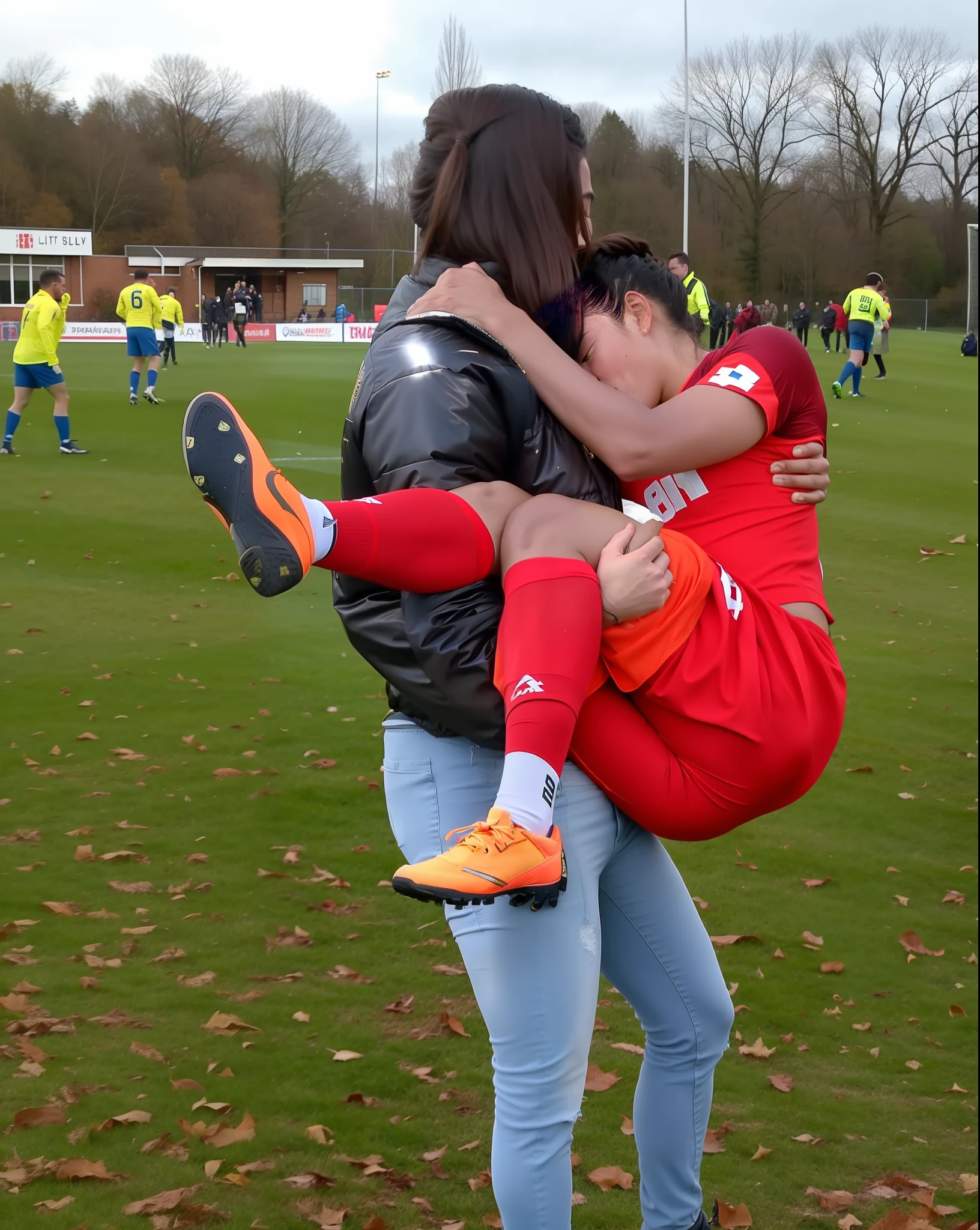 soccer action pose, affection pose, lecherous action pose, dramatic action pose, theatralic pose, there is an attractive woman that is carrying a skinny man, there is a beautiful woman in a shiny coat who is carrying a blond man in her arms, a longhaired beautiful woman in a high-shine black puffy coat, a longhaired woman in a shiny downcoat, a woman is carrying a shorthaired man who is wearing shorts and a t-shirt, a weak man in spots shorts is consciousless and needs to be carried, a shorthaired man with closed eyes is carried in the arms of a longhaired woman, a woman looks very scared and terrified, a consciousless man with closed eyes is suffering very much and has a very painful face, photo, photo shoot, photographed , accident, help, aid, first aid, pity, there is a woman holding a fallen sportsman in her arms on a field, celebration, celebrating, elliot alderson, proud looking, celebrate goal, edited, hugging, hugging his knees, end of an era, very emotional, hugging her knees, stunningly beautiful, hug, very sad, award winning shot, looking happy, hugs, very very happy!, paul heaston