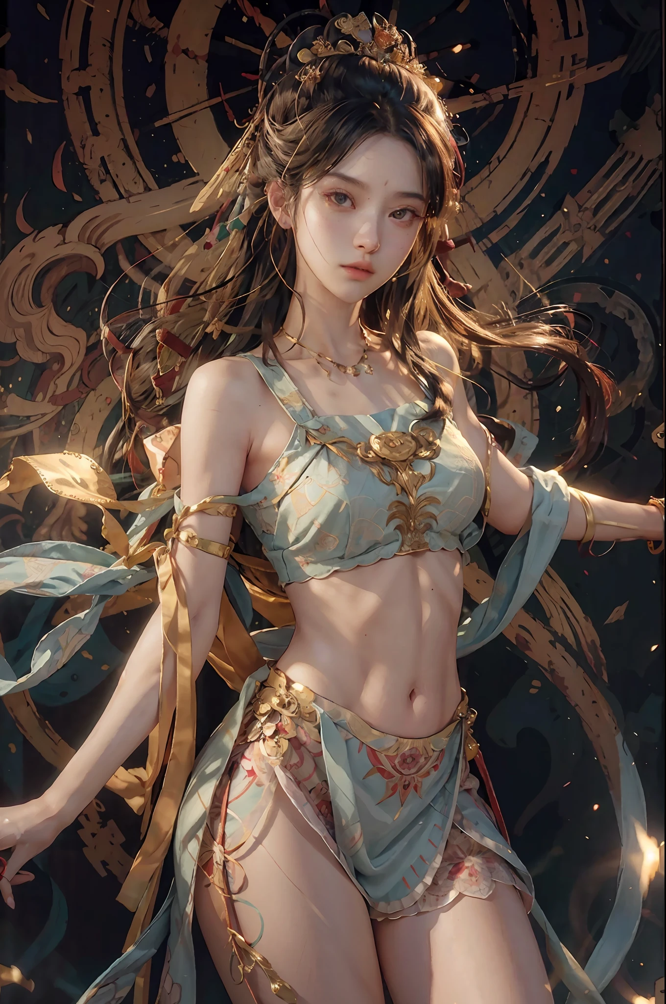 (RAW Photo, Best Quality), (Realistic, Photorealistic Real: 1.3), Best Quality, Highly Detailed, Masterpiece, Ultra Detailed, Illustration, 1 Girl, upper_body, Dynamic Angle, World Mastery Theater, messy_long_hair, Best Quality, Extremely Detailed CG Uniform 8k Wallpaper, Ink, Amazing, Cinematic Lighting, lens_flare, dunhuang_style, Sexy, Crop Top, Delicate Collarbone, Patterned Stockings, All over the body gold pattern,