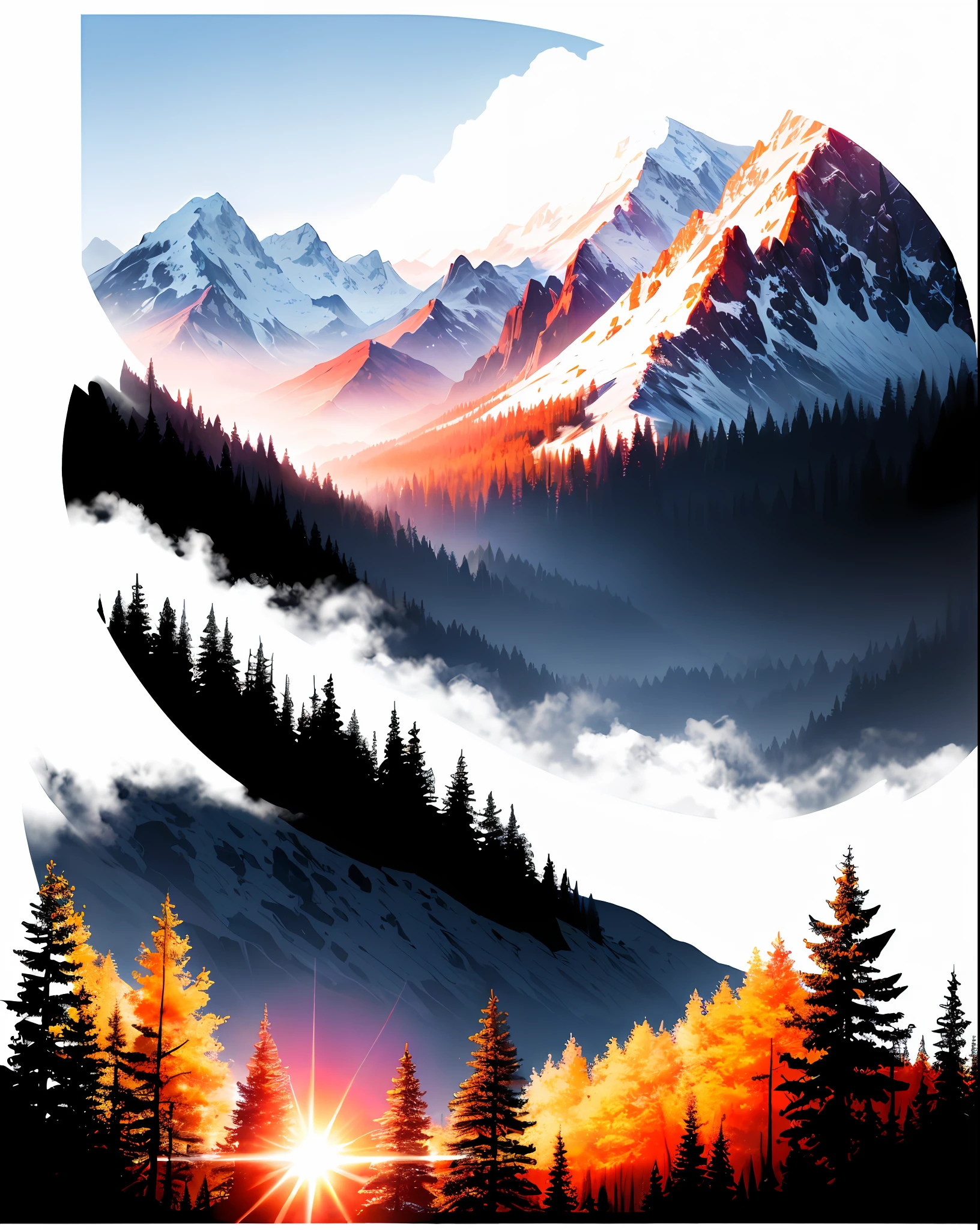Short shot, nature m, RAW colorful art, vivid colors, mountains, forest, sunset, cinematic shading, rim light, sunlight.