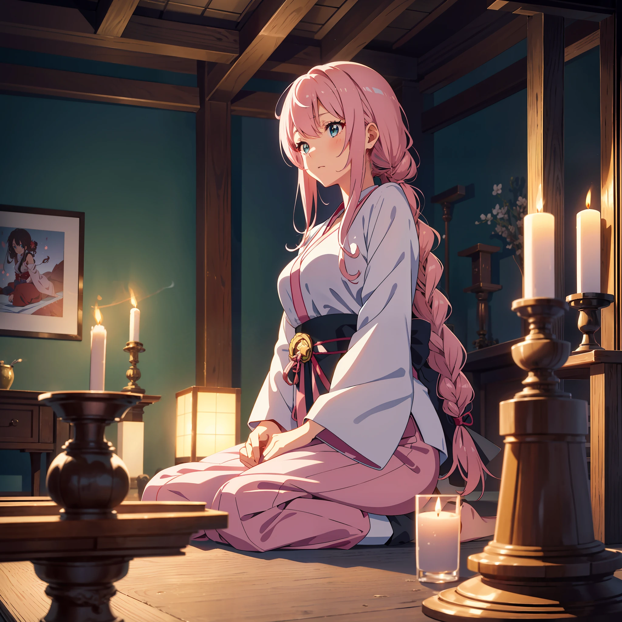 Anime illustrations in the style of "Kyoto Animation", highest quality, (cute: 1.1), (cute), (high resolution: 1.2), incredibly ridiculous: 1.3, incredibly fine illustrations, break 1 beautiful girl, Solo, (heterochromia, light blue eyes and light green eyes), silhouette of star eyes, solo, seated, eyes closed, side angle, big breasts, break, braid, light pink hair, semi-long hair, red ribbon at the end of braid, black cardigan, white blouse, blue jeans break, Japanese-style room, Buddhist altar, two candles, incense sticks, break, gassho, sitting in front of the altar, morning