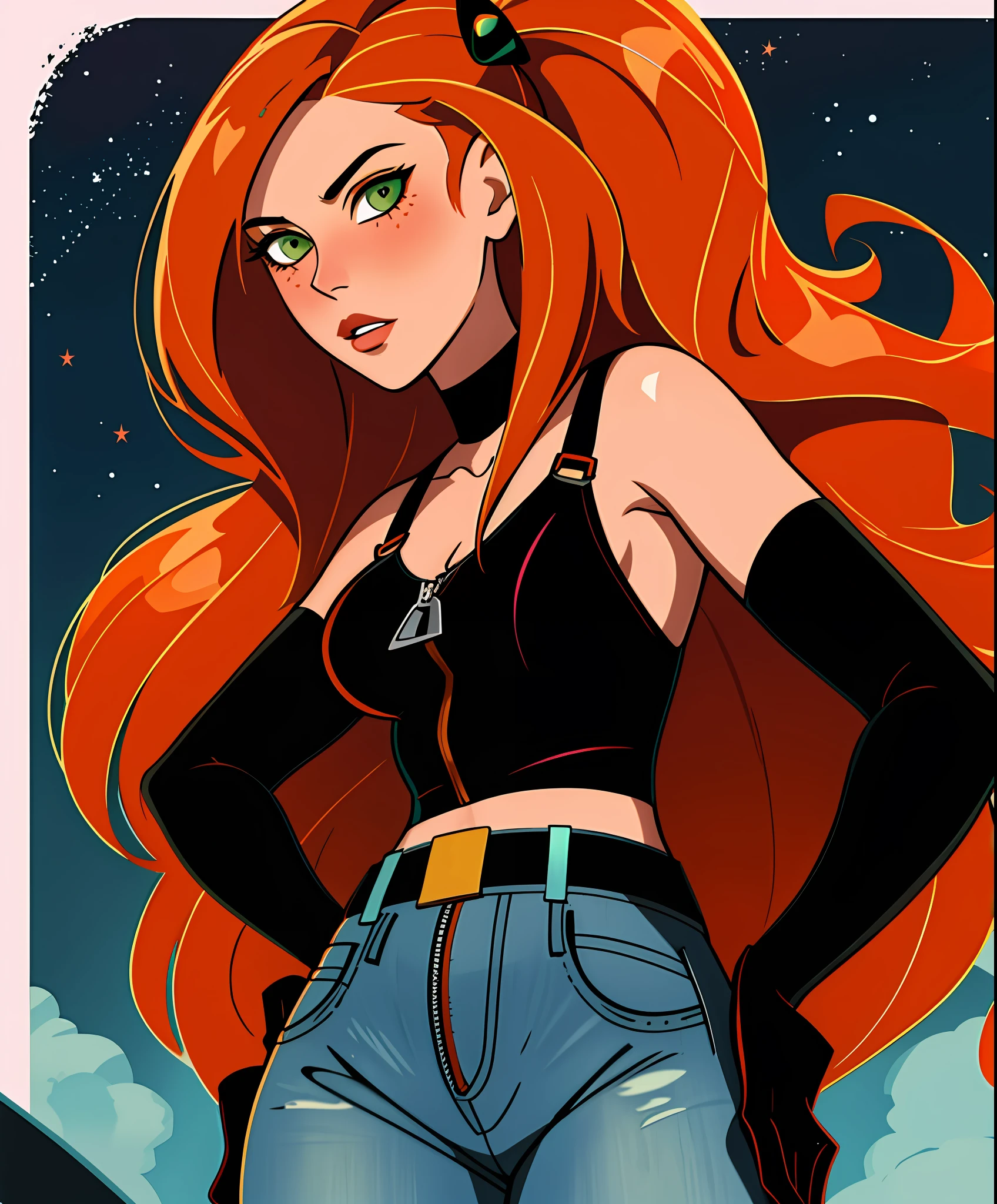 original art, lineart, ink, 1girl, green eyes, long hair, orange hair, kim maybe, jeans, black top, black gloves, midreef, belt, night sky background, sexual expression, blush, hearts in eyes, small breasts, unzipped