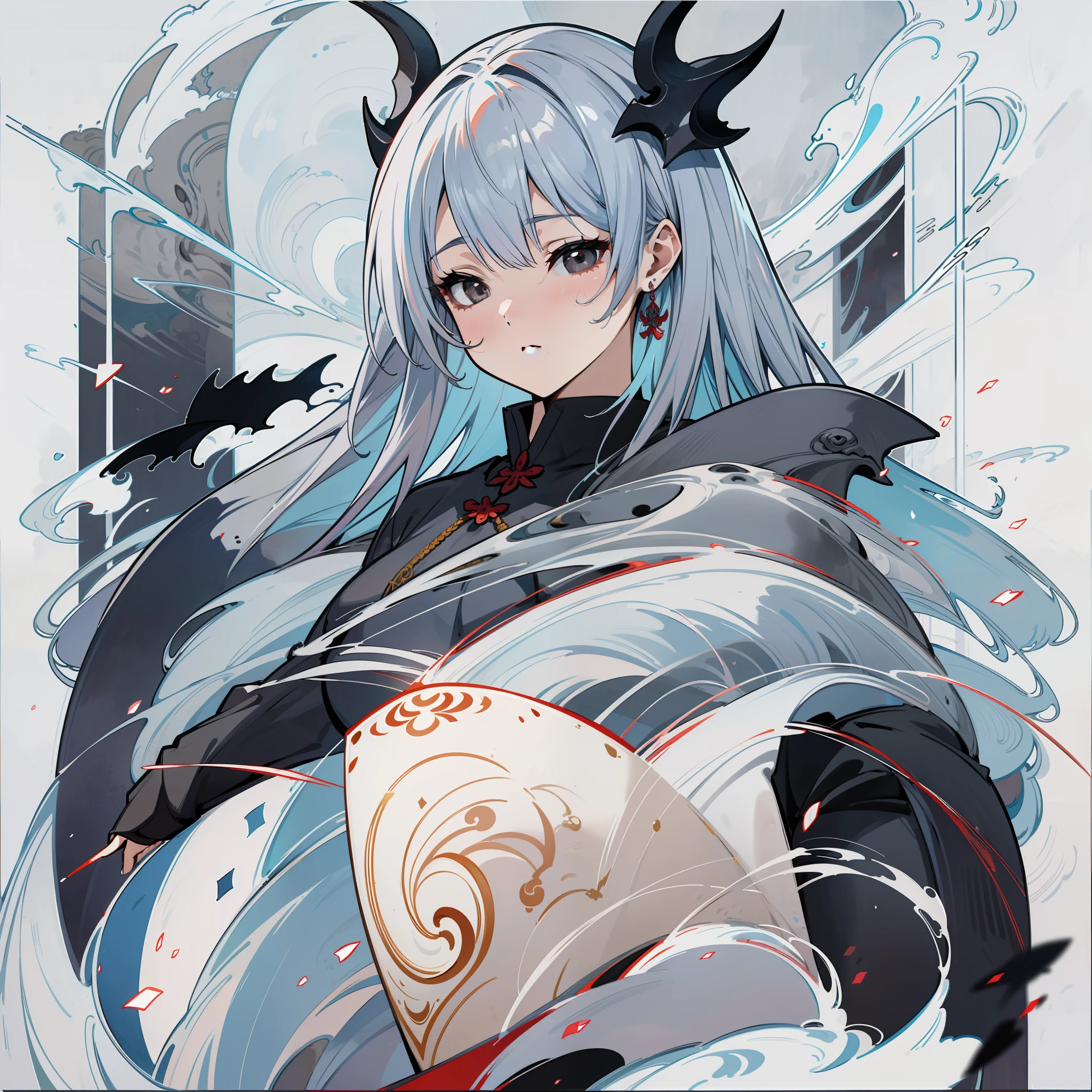 One girl, personification of the dragon god, beautiful shrine, super realistic, gray hair, black eyes, girl, high detail, smog, abstract animation, overwhelming beauty, high quality, watercolor, hand drawn illustration, highly detailed perfect composition, masterpiece, best perfect composition, highest quality, 4k, perfect anatomy.