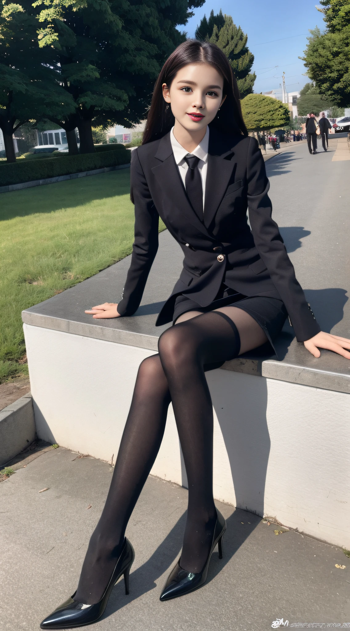 Best quality, full body portrait, delicate face, relatively thin face, 20 year old woman, slim figure, small bust, OL uniform, office clothes, black stockings, black high heels, outdoor scene, sitting position