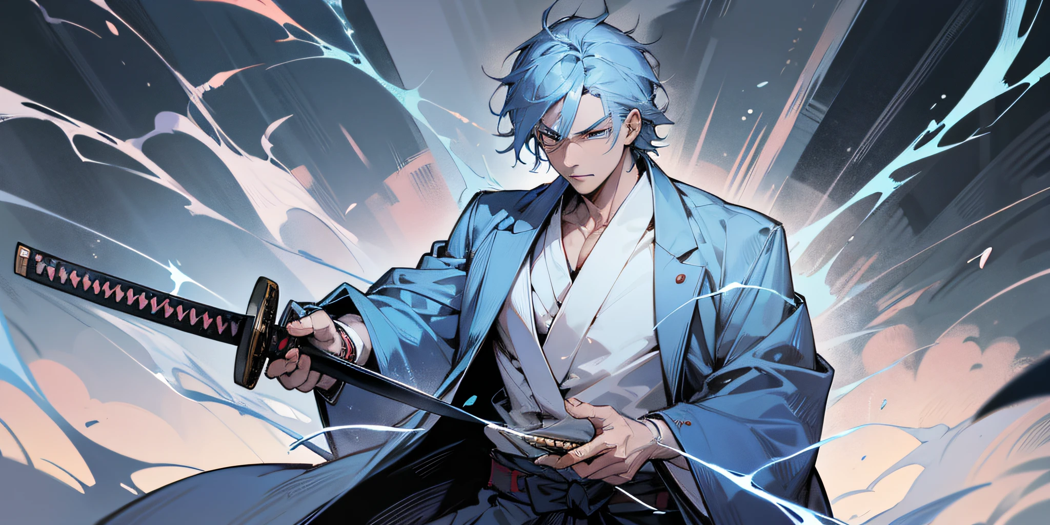 Japanese manga style, boy, Japanese yakuza, kimono, holding a katana with blue lightning on his body, unruly face, perfect five fingers