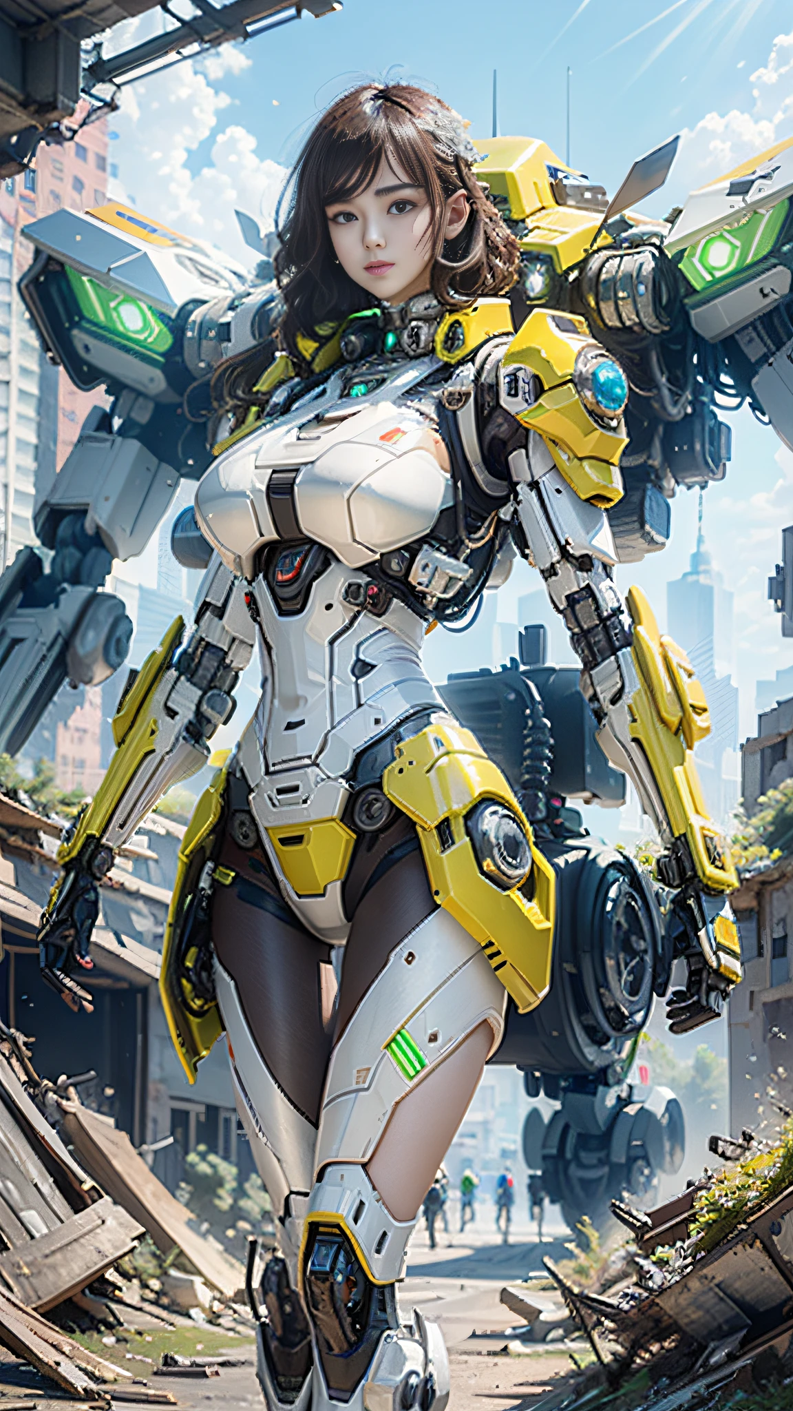 ((Best Quality)), ((Masterpiece)), (Very detailed:1.3), 3D, Shitu-mecha, Beautiful cyberpunk big-breasted woman with her mech in the ruins of a city in the forgotten war, sexy, ancient technology, HDR (High Dynamic Range), ray tracing, NVIDIA RTX, Super Resolution, Unreal 5, Subsurface scattering, PBR texture, Post-processing, Anisotropic filtering, depth of field, maximum sharpness and sharpness, multi-layer texture, Albedo and highlight maps, Surface shading, accurate simulation of light-material interactions, perfect ratios, octane rendering, duotone lighting, low ISO, white balance, rule of thirds, wide aperture, 8K RAW, high efficiency sub-pixels, subpixel convolution, luminous particles, light scattering, Tyndall effect