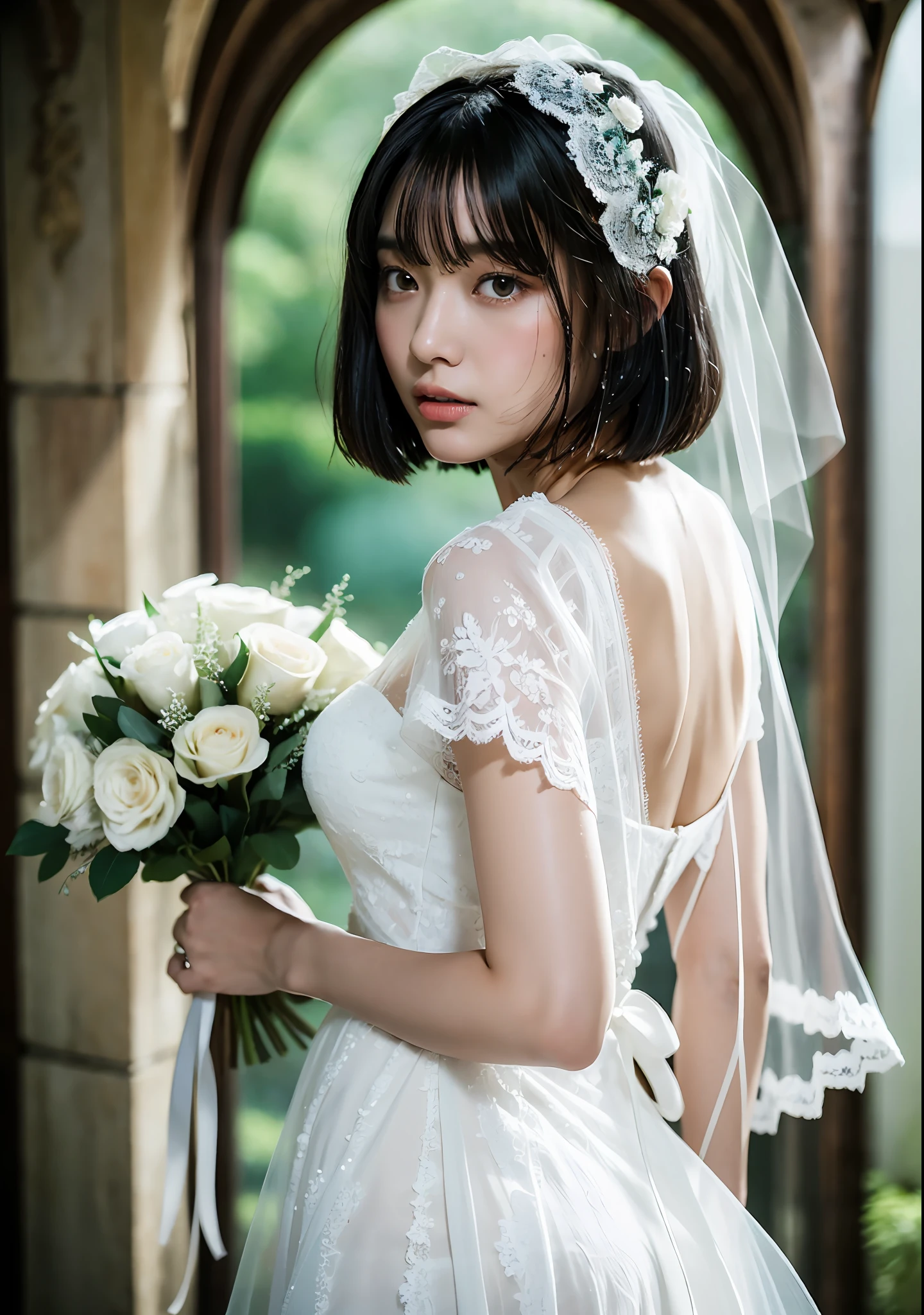 ((top quality, 8k, masterpiece: 1.3)), women (full body portrait, wearing white lace and ruffled wedding dress, hanging a lace-trimmed veil on their heads, holding a small bouquet, back figure, looking back, small ass), outdoors, outside the chapel, background dots of out-of-focus, overhead camera, sharp focus: 1.2, cute woman: 1.4, ((black hair, bob cut)), very detailed face and skin and hair texture, wet texture hair, wet body, detailed eyes, double eyelids, white skin, beautiful legs, beautiful delicate nose, cute young Japan woman, 28 years old, at a dynamic angle, featuring calm tones and contrasting mixes of light and shadow, while exuding melancholy emotions, while emphasizing the subject's hair, eyes, mouth, action, The composition is pleasing to the eye and thought-provoking.