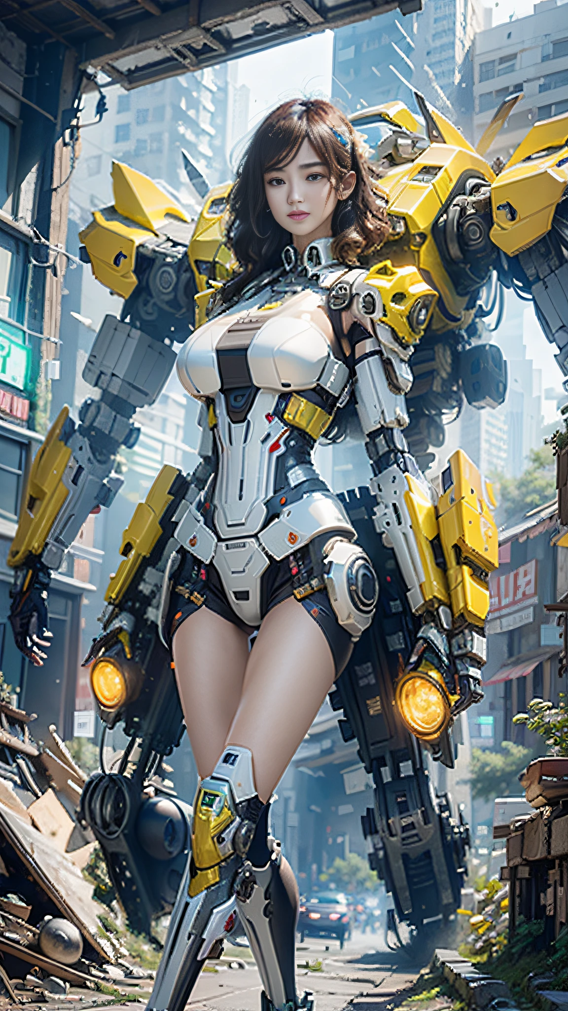 ((Best Quality)), ((Masterpiece)), (Very detailed:1.3), 3D, Shitu-mecha, Beautiful cyberpunk big-breasted woman with her mech in the ruins of a city in the forgotten war, sexy, ancient technology, HDR (High Dynamic Range), ray tracing, NVIDIA RTX, Super Resolution, Unreal 5, Subsurface scattering, PBR texture, Post-processing, Anisotropic filtering, depth of field, maximum sharpness and sharpness, multi-layer texture, Albedo and highlight maps, Surface shading, accurate simulation of light-material interactions, perfect ratios, octane rendering, duotone lighting, low ISO, white balance, rule of thirds, wide aperture, 8K RAW, high efficiency sub-pixels, subpixel convolution, luminous particles, light scattering, Tyndall effect