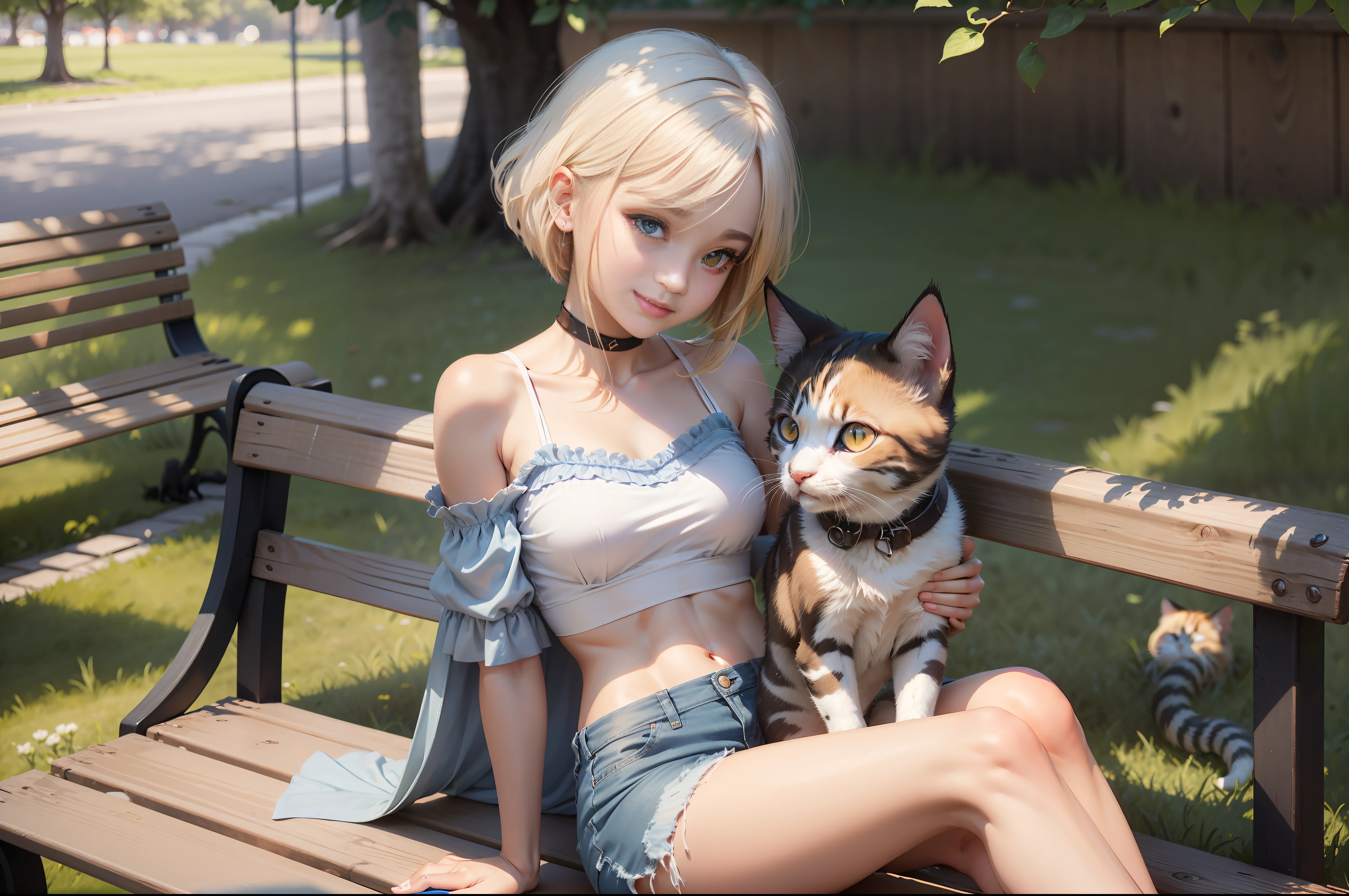 {masterpiece, best quality, extremely detailed CG, unity 8k wallpaper, cinematic lighting}}, Under a clear sky, in a park bench facing Yokohama Port, we find our protagonist, a beautiful and adorable girl. With a smiling face, she sits on the bench, cradling a kitten in her arms. She has a blonde short bob:1.5, and her eyes are a captivating shade of blue, with double eyelids and long lashes. She has long limbs, a slender waist, and is dressed in a white tank top that reveals her midriff:1.5, paired with distressed denim shorts:1.4. Completing her ensemble are white running shoes.
The kitten is a black cat:1.2, with its golden eyes, her gazes back at the girl affectionately. --auto --s2