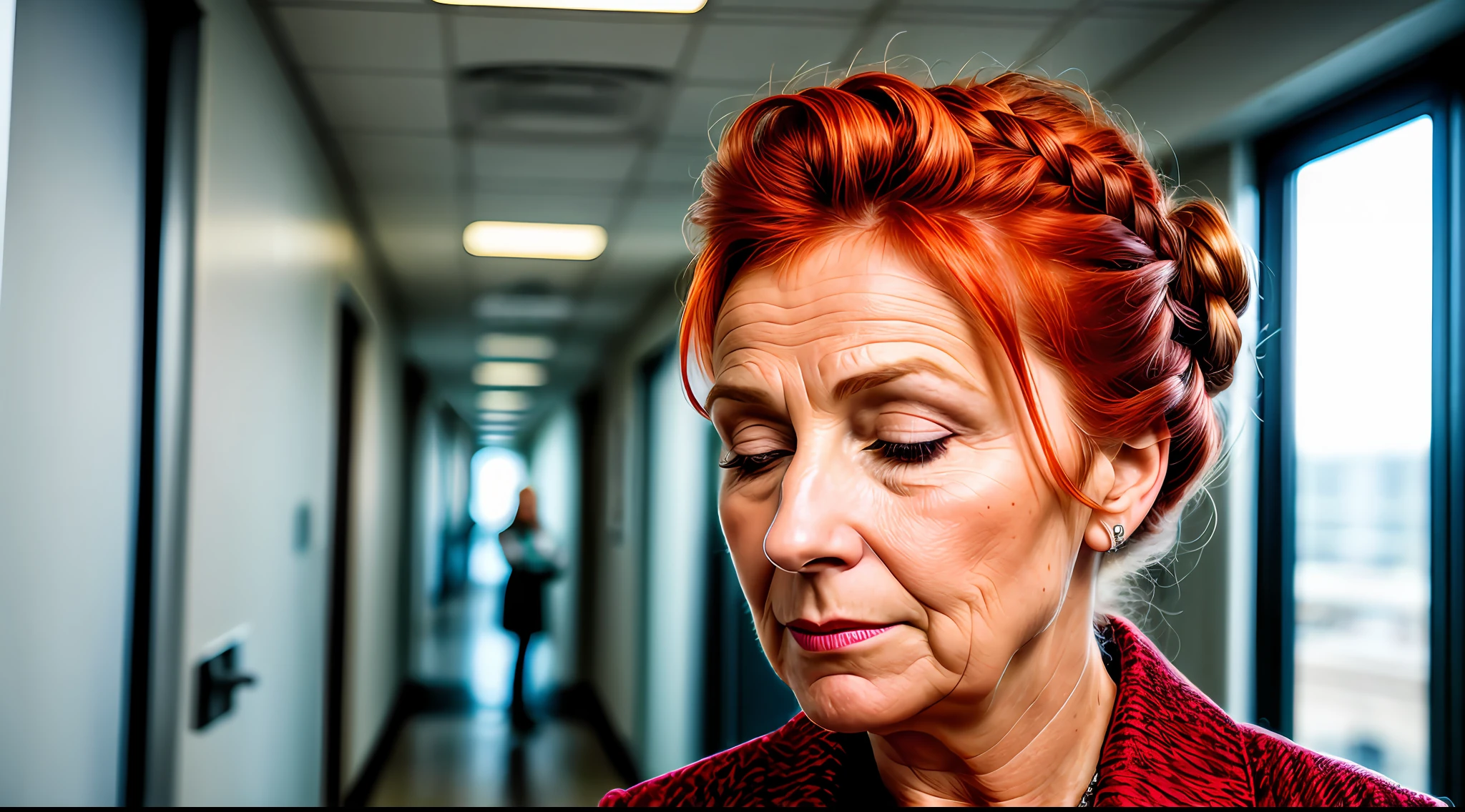 light and bright, 8k, photo the size of the beautiful 55-year-old European lady, updo braid, complex detail, realistic texture, dynamic composition, high contrast, she is president of a technology company, she is closed eyes and sad. visiting a friend in the hospital, red hair