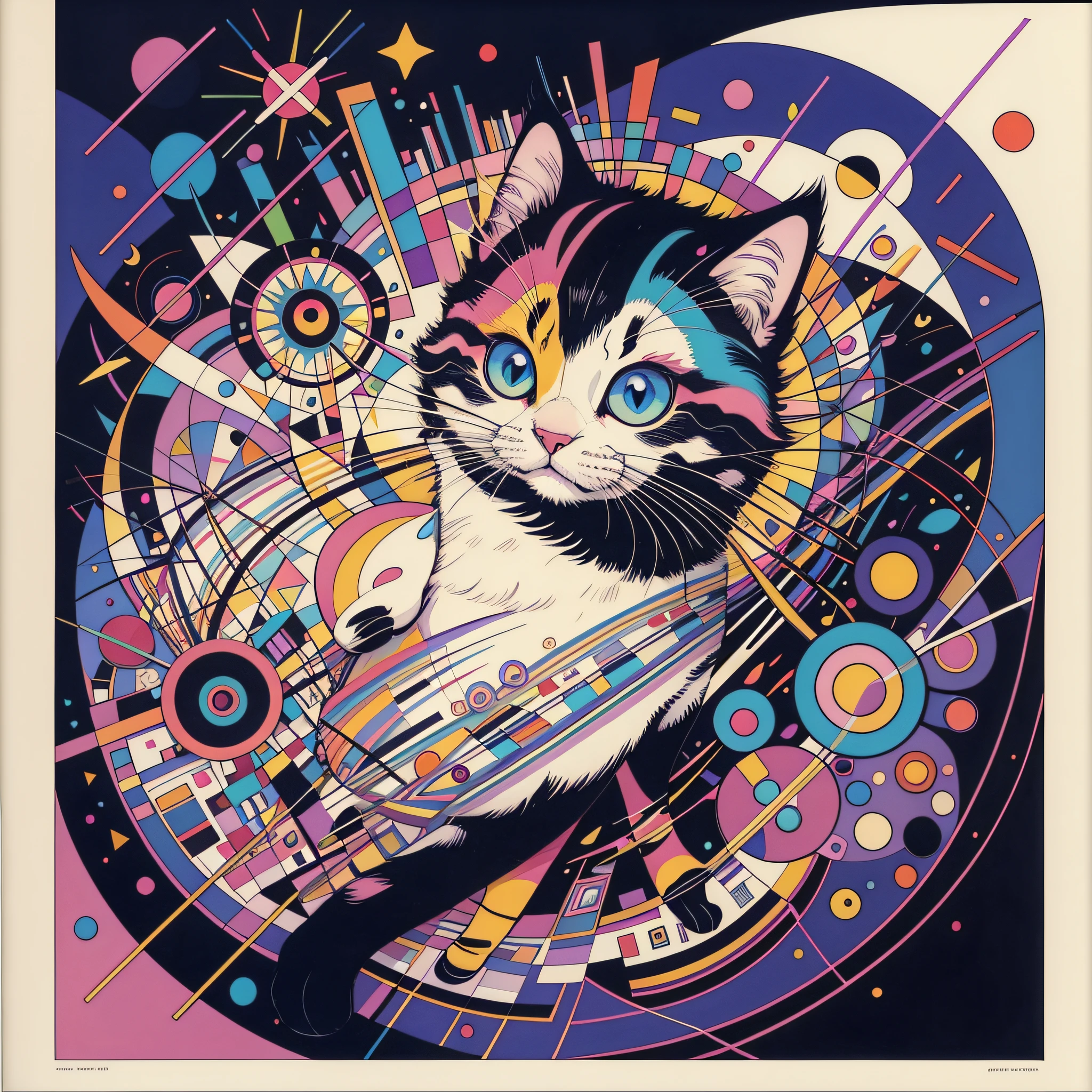 Kitten "Wassily Kandinsky style", beautiful colors, bizarre geometric shapes, soft background of snow. --auto --s2