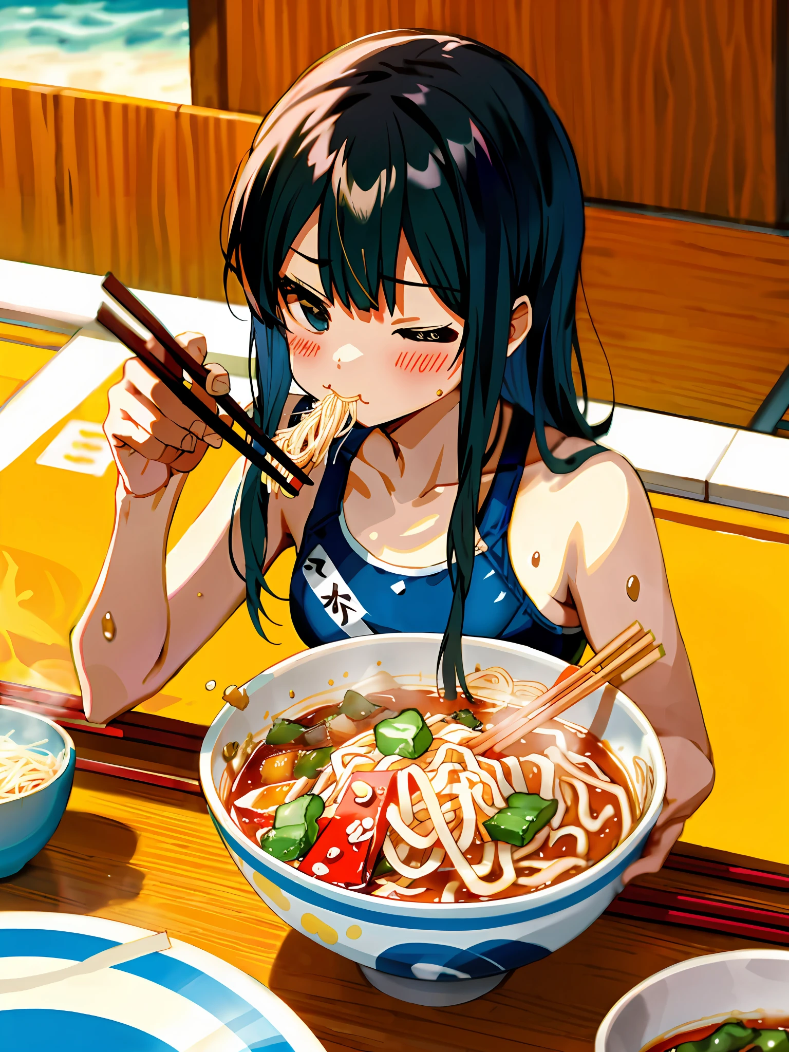 Swimsuit Eat noodles with chopsticks