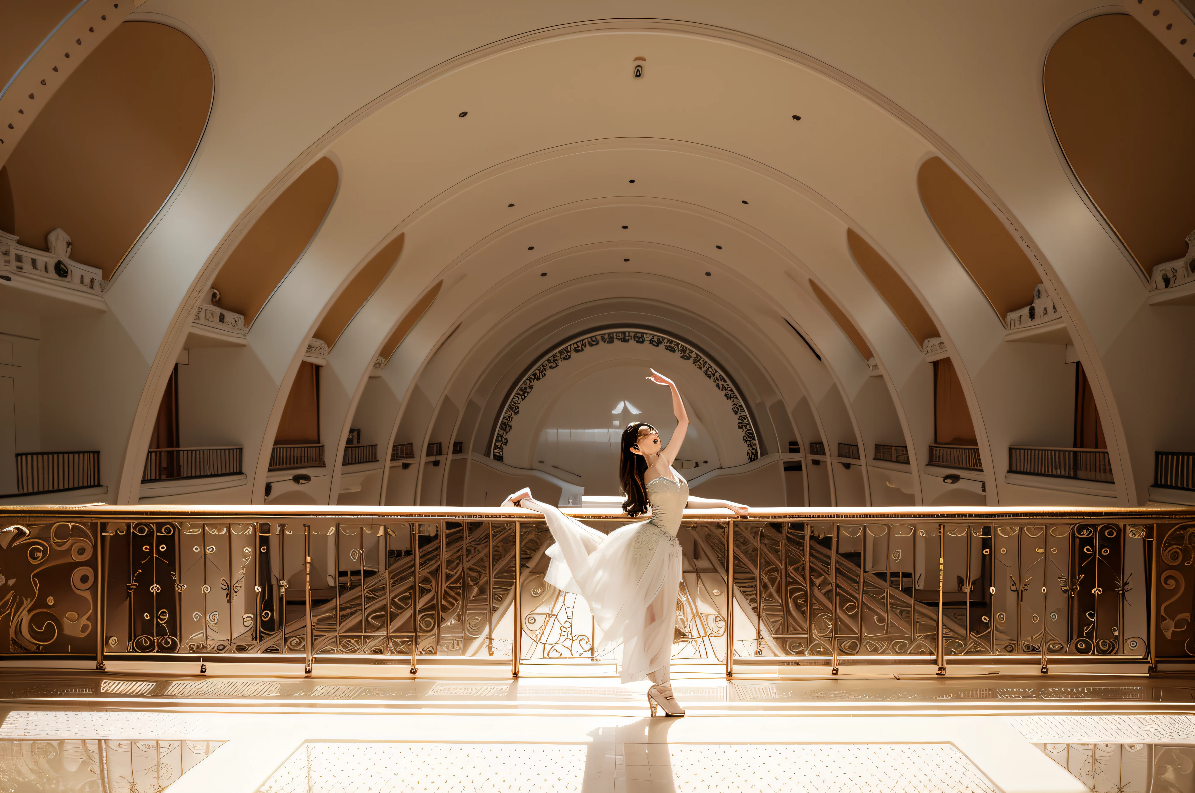 there is a woman that is standing in a hallway with her arms in the air, alexandra fomina, inspired by Anka Zhuravleva, anna nikonova, photography alexey gurylev, photography alexey kurylev, ballet performance photography, prima ballerina, by Hristofor Zhefarovich, ballet, sergey zabelin, miss aniela