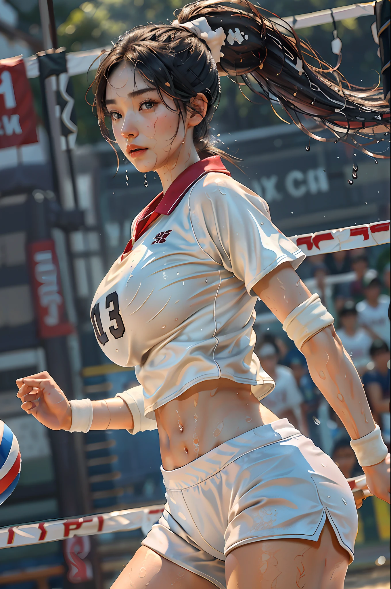 Masterpiece: 1.2, Best Quality), Realism, (Real Pictures, Intricate Details, Depth of Field), (1girl, Solo), Fair Skin, Delicate, Lee Ji-eun IU, Lips Apart, High Detail, Perfect Face, (Huge Tits, Thin Waist, Ponytail, (Girl Playing Volleyball, White Volleyball Uniform, Shorts), (Sweat: 1), (Wet)