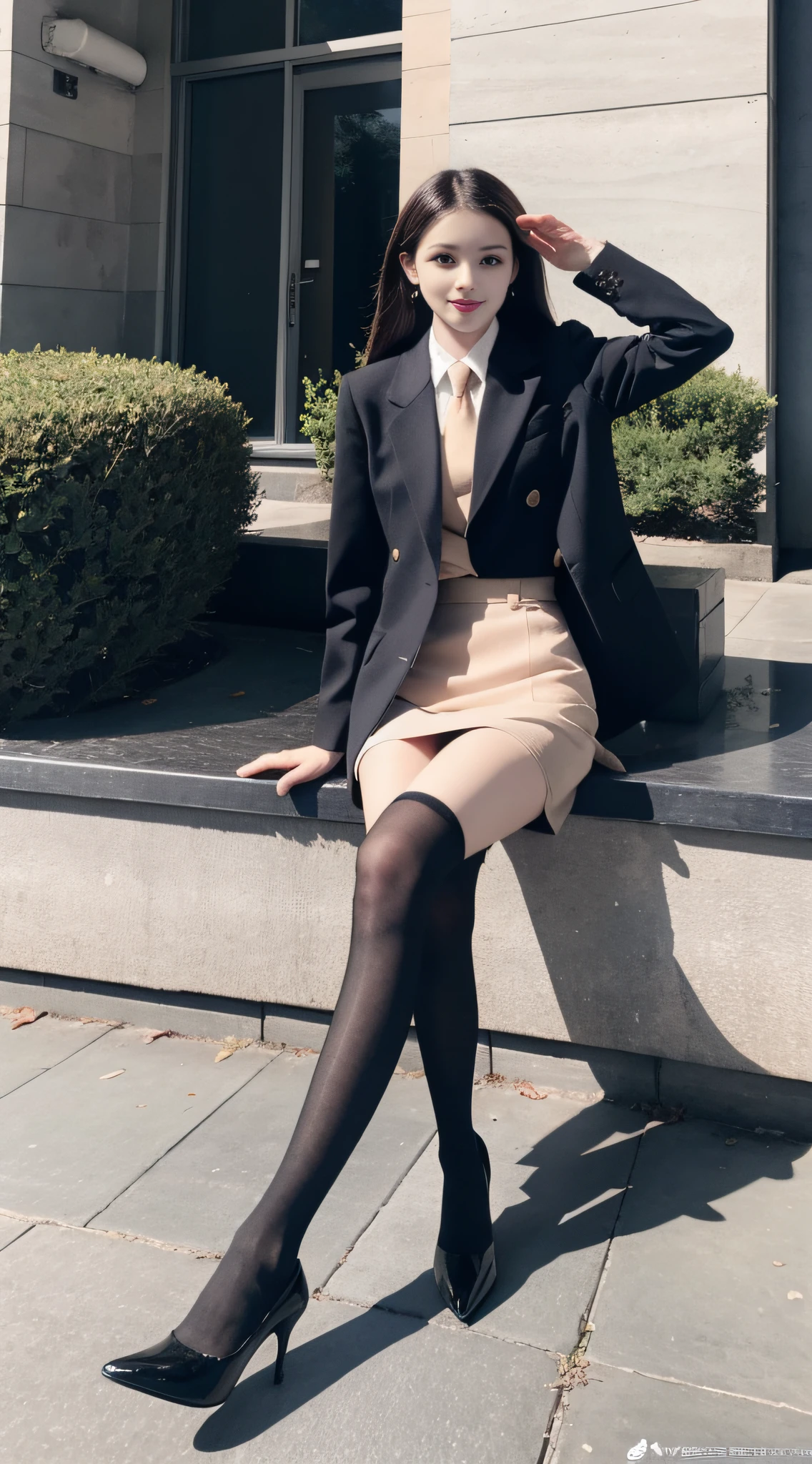Best quality, full body portrait, delicate face, relatively thin face, 20 year old woman, slim figure, small bust, OL uniform, office clothes, black stockings, black high heels, outdoor scene, sitting position