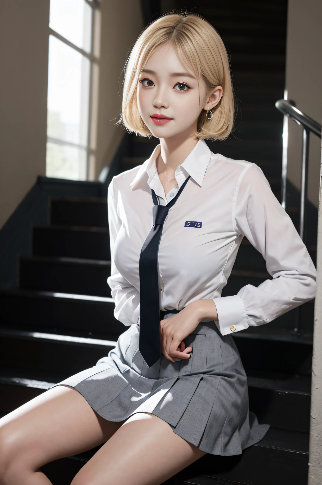 Gray eyes, Korean school uniform, summer school uniform shirt, ribbon tie, skirt, bright blonde, school stairs, going down school stairs, chest thrusting pose, chest bragging pose, 8k raw photo, high resolution, cool Korean at 16 years old, very big round breasts, beautiful eyes in detail, long eyelashes, beautiful double eyelids, eyeshadow, eyeliner, slender eyes, elongated eye shape, Sanpaku eyes, evil smile, evil look, beautiful very thin legs, beautiful very thin thighs, random short hair, hair tied behind the head, earrings,