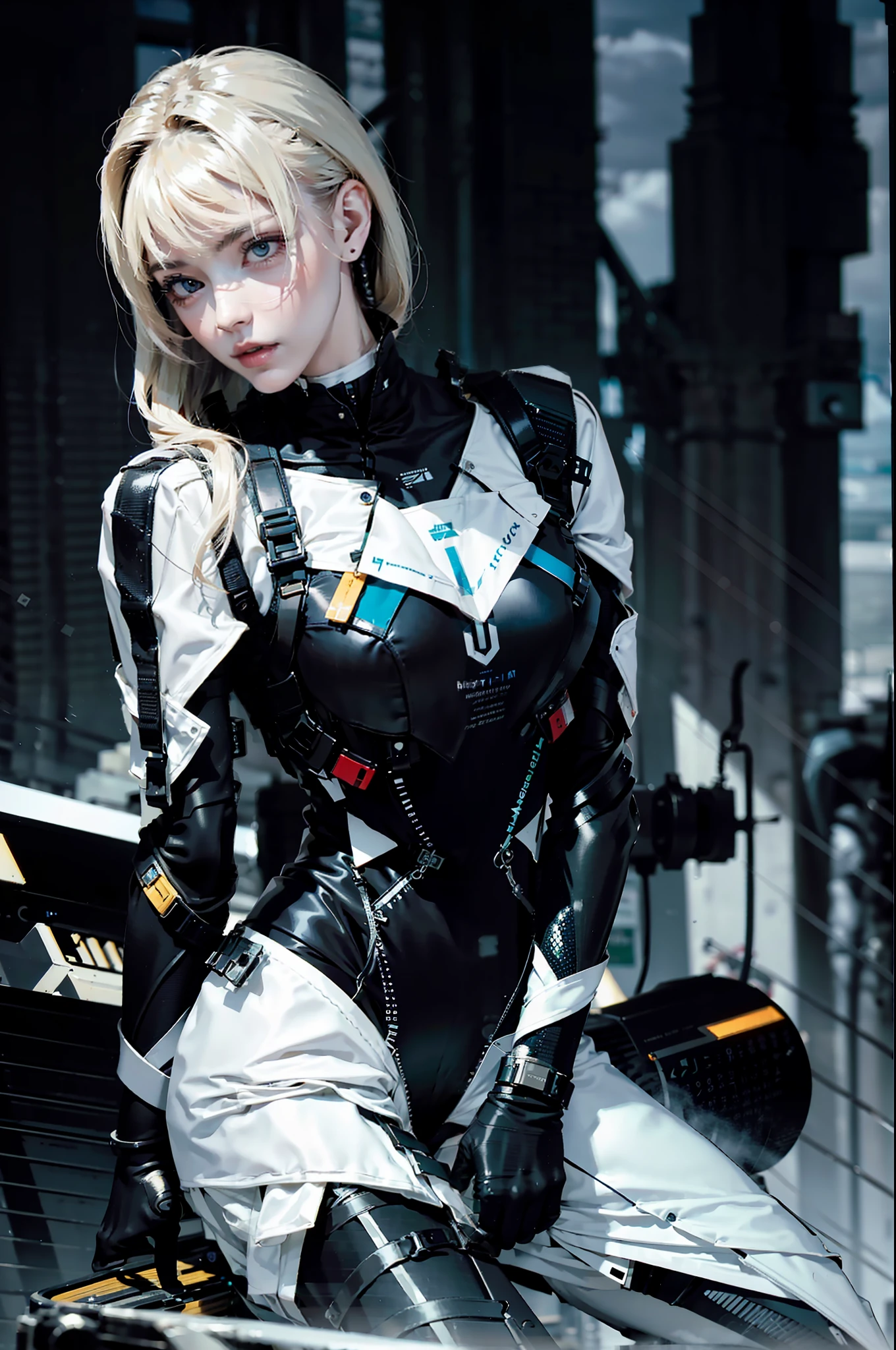 masterpiece, best quality, film, official art, propaganda art, movie wallpapers, highly detailed cg unified 4k wallpapers, intricate details, white background, upper body, face focus, concept art, production art, (high resolution), (realistic, photorealism:1.2), physically based rendering, machine, reflection, real, cyberpunk, symmetrical frontal view close up Headshot eyes Symmetrical face Extremely sharp focus Realistic award-winning matte drawing Movie light, mecha, (illustration: 1.1), Slim, Delicate face, Kingrove, Shine, Tights, (Long Blonde hair), Green eyes, Suit gloss, Battlefield, Chip, Glow, Sword, urbansamurai_v0.3, Cybernetic_Jawless, Machine Parts, Cybernetic