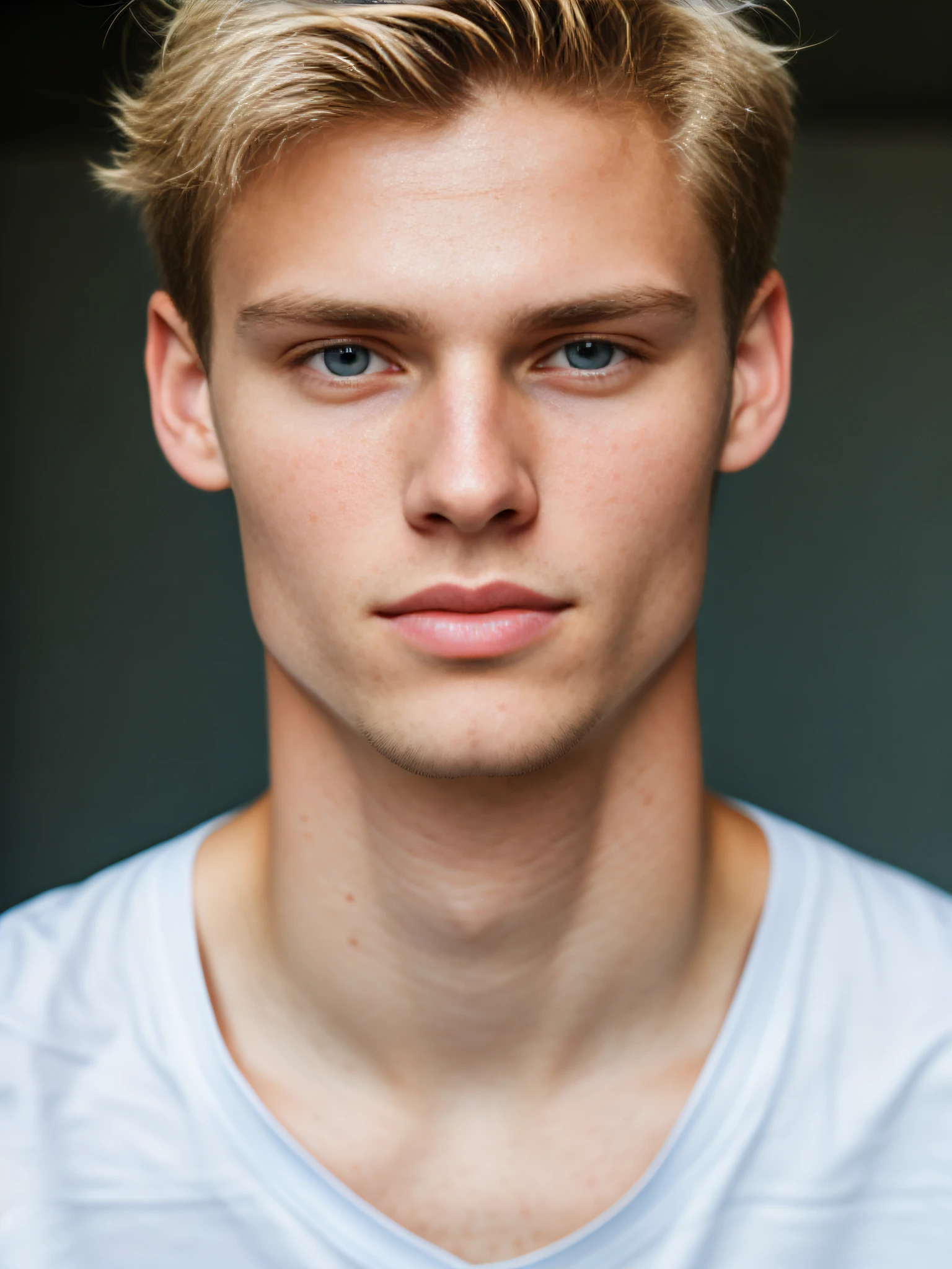 Full frame, close portrait, gentle face, big eyes, 20 year old male model, classy white man, young caucasian male, slender skeleton, scruffy system, blue eyes, blonde, shiny skin, asymmetrical hair, amber eyes, (skin texture), realistic photo, shallow depth of field, sharp eye focus, backlight