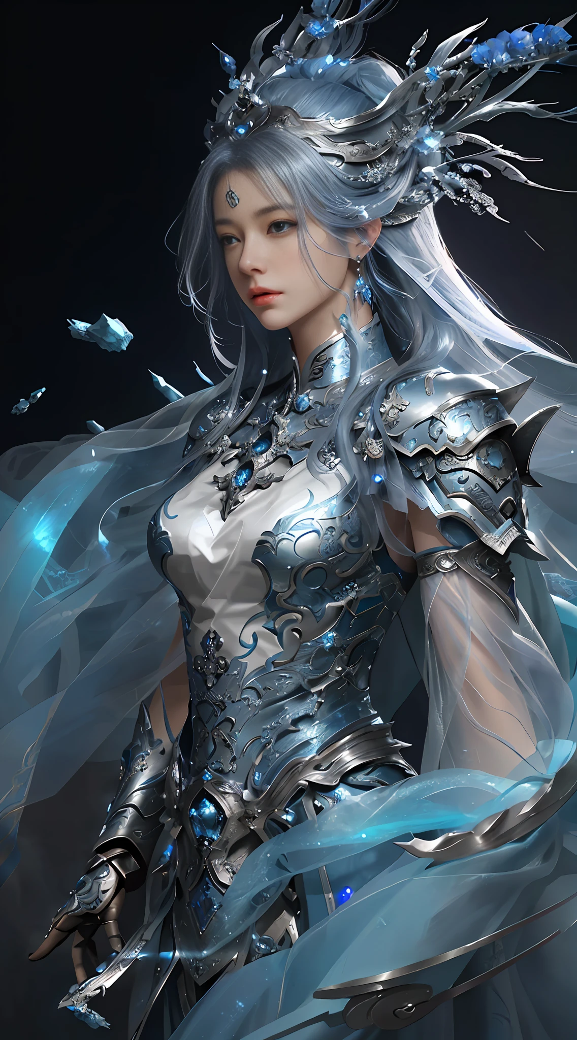 a close up of a woman in a silver and blue dress, chengwei pan on artstation, by Yang J, detailed fantasy art, stunning character art, fanart best artstation, epic exquisite character art, beautiful armor, extremely detailed artgerm, detailed digital anime art, artgerm on artstation pixiv, armor girl