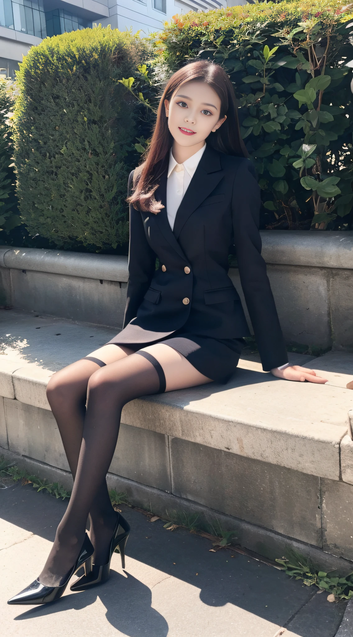 Best quality, full body portrait, delicate face, relatively thin face, 20 year old woman, slim figure, small bust, OL uniform, office clothes, black stockings, black high heels, outdoor scene, sitting position