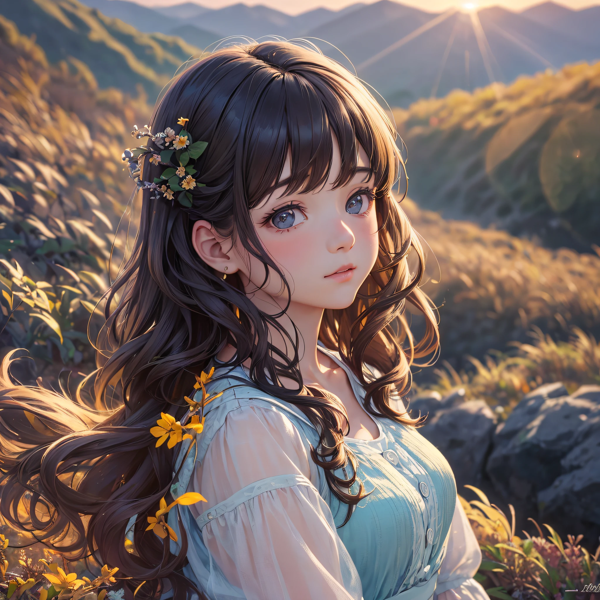 Close up, fresh style:, cute girl with round face, slightly curly hair, backlight, flowing fabric, sunset on the top of a mountain, (masterpiece), realistic, HDR, highly detailed, 8k, original photo, ambient occlusion, natural, harmonious composition, warm colors, fine art photography, --auto --s2