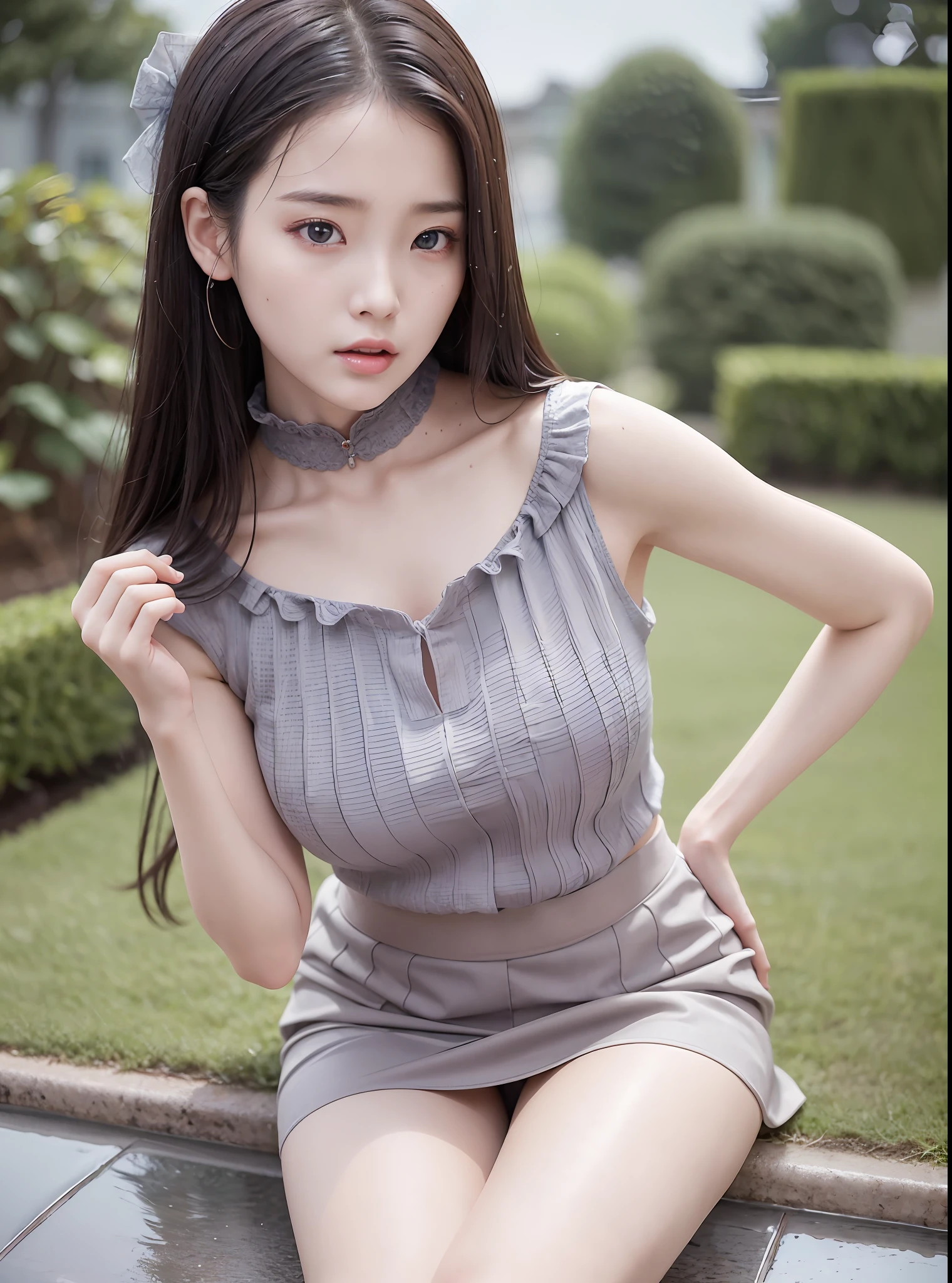 Masterpiece, high quality, high fidelity, an elegant woman, delicate face, double eyelids, big eyes, light makeup, raining, wet, gorgeous Chinese model, 2 to 4 years old, wearing gray knitted ruffle collar skirt, off-the-shoulders, thin skirt, slight abs, garden background, center symmetry, background blurred