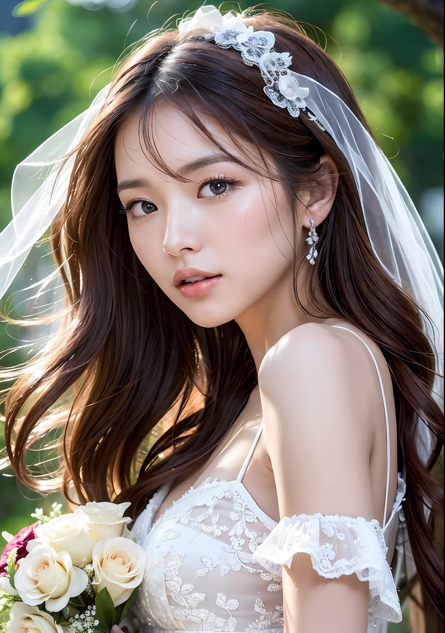 ((top quality, 8k, masterpiece: 1.3)), women (full body portrait, wearing white lace and ruffled wedding dress, hanging a lace-trimmed veil on their heads, holding a small bouquet, back figure, looking back, small ass), outdoors, outside the chapel, background dots of out-of-focus, overhead camera, sharp focus: 1.2, cute woman: 1.4, ((brown hair, long hair, floating hair)), very detailed face and skin and hair texture, wet texture hair, wet body, detailed eyes, double eyelids, white skin, beautiful legs, beautiful delicate nose, cute young Japan woman, 28 years old, characterized by a contrasting mix of calm tones and light and shadow, at a dynamic angle, the subject's hair, eyes, mouth, While emphasizing the action, the composition is pleasing to the eye and thought-provoking.