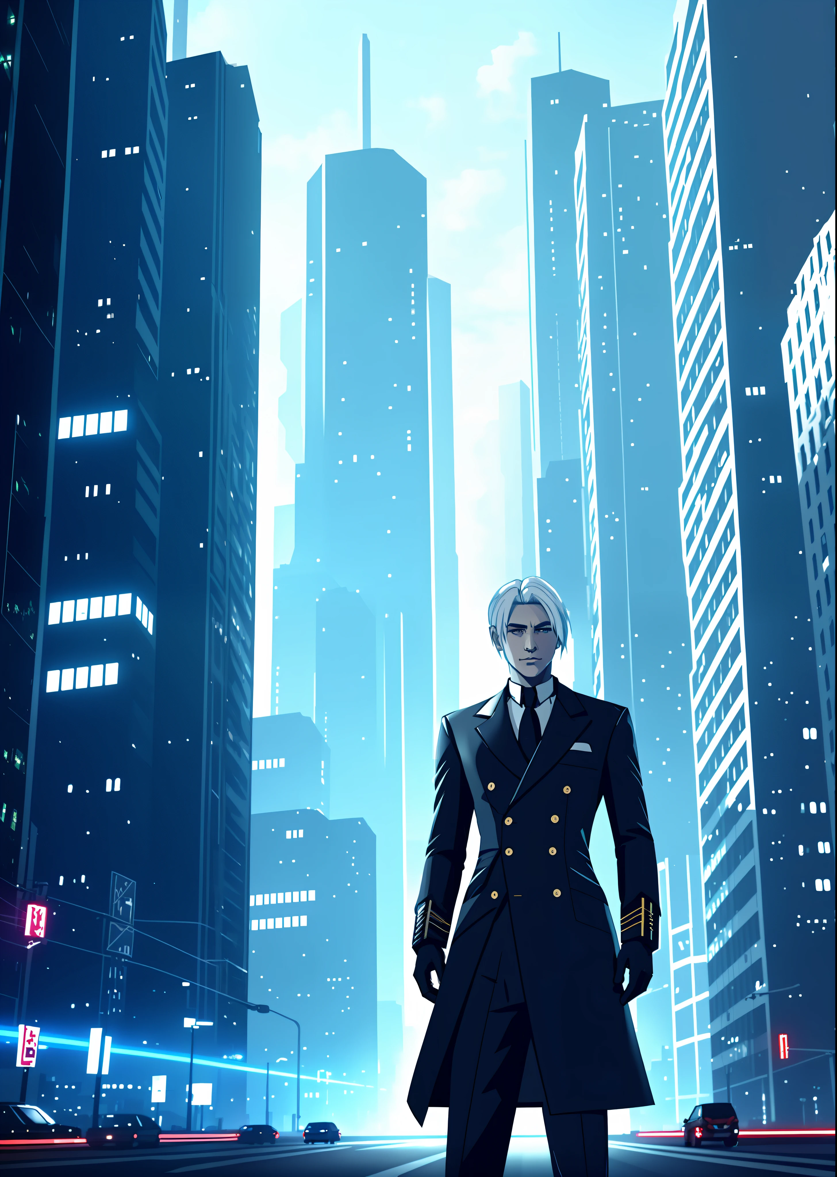 White-haired man wearing a lab coat
Background cyberpunk city