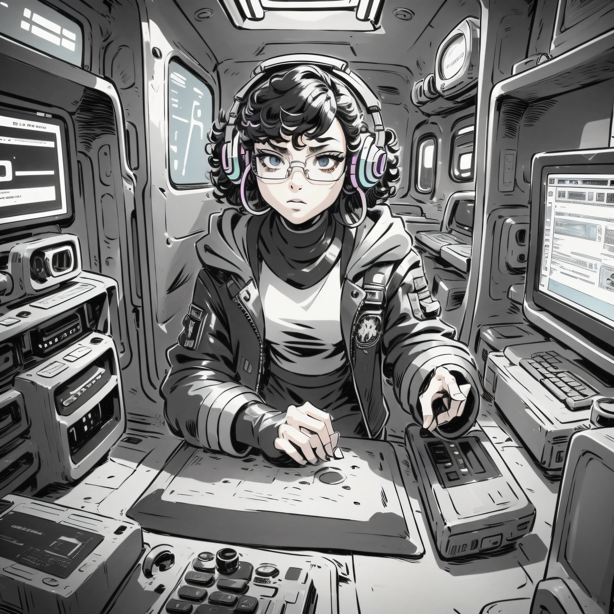 masterpiece, best illustration, solo, 1 boy 11 years old african light brown skin brown eyes with glasses sitting, very short curly hair, keyboard \(computer\), leather trim, computer, monitor, hood, jacket, hood down, chair, headphones, city, instrument, cyberpunk, \(\(intricate details\)\),colorful details,iridescent colors BREAK,\(\(best quality masterpiece\)\),4k,ultra detailed,detailed lighting,\ (\(inspired by Hayao Miyazaki\)\),official art,promotional art,composition,