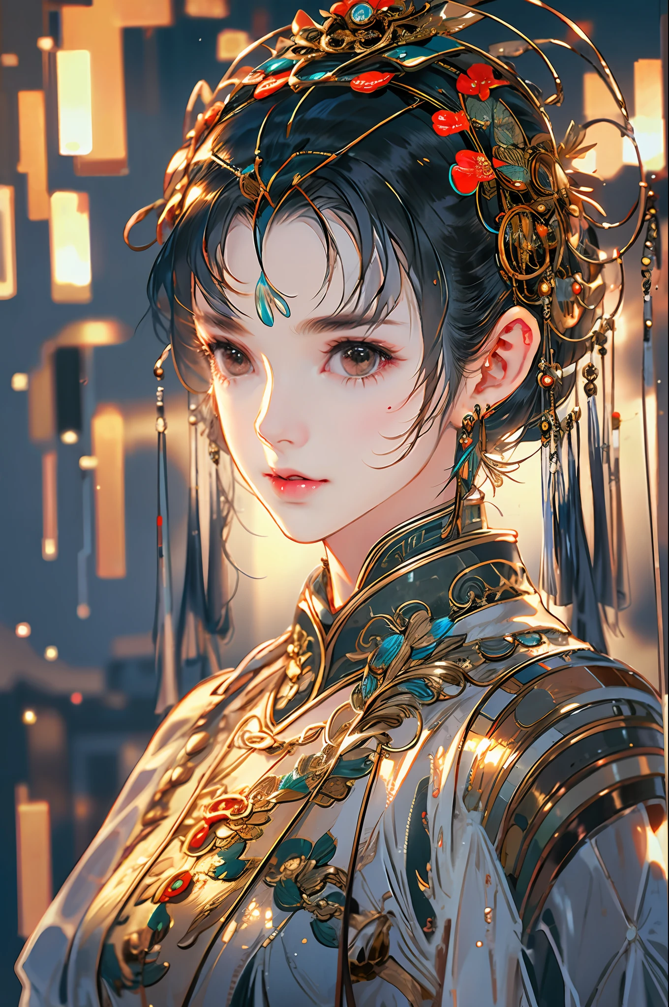 A beautiful girl, full body, gentle eyes, clear facial features, amazing facial features, ancient Chinese costumes, Chinese cyberpunk, cyberpunk city headwear, hair accessories, super complex design, mechanical mecha, technology, stunning lighting, C4D, OC rendering, cinematic edge light, fine light, masterpiece, super detail, epic composition, ultra HD, high quality, 32k