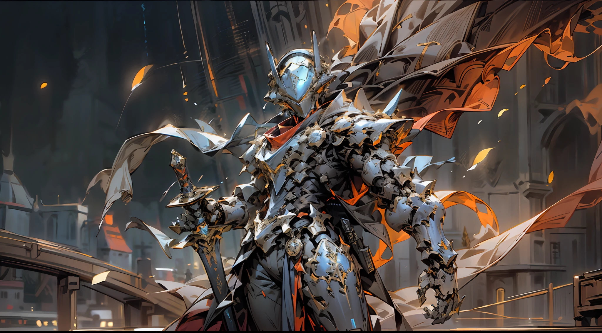 (Realism, photo realism: 1.3), (lens focal length: 35mm), backlight, a knight's mechanical armor, luxurious and exquisite shape, a blue glowing cross carved on the chest of the mech, mecha holding a red glowing wide and heavy armor sword, red scarf swaying in the wind, knight's eyes with red flame light, battle posture drawing, background fire flow, flow special effects, OWgenji, Sc3pt4