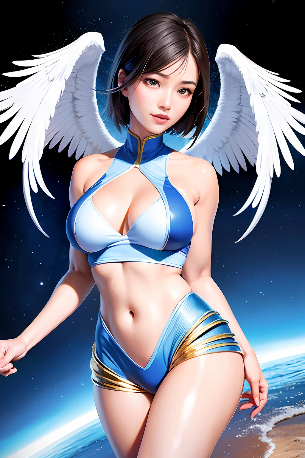 Asian woman, sticker (realistic photo) (maximum detail) with energy field around the body, with wings, floating on tiptoe, short Chanel hair. Ultra resolution, large breasts, strong thighs, angelic face, tight clothing, well visible body curves