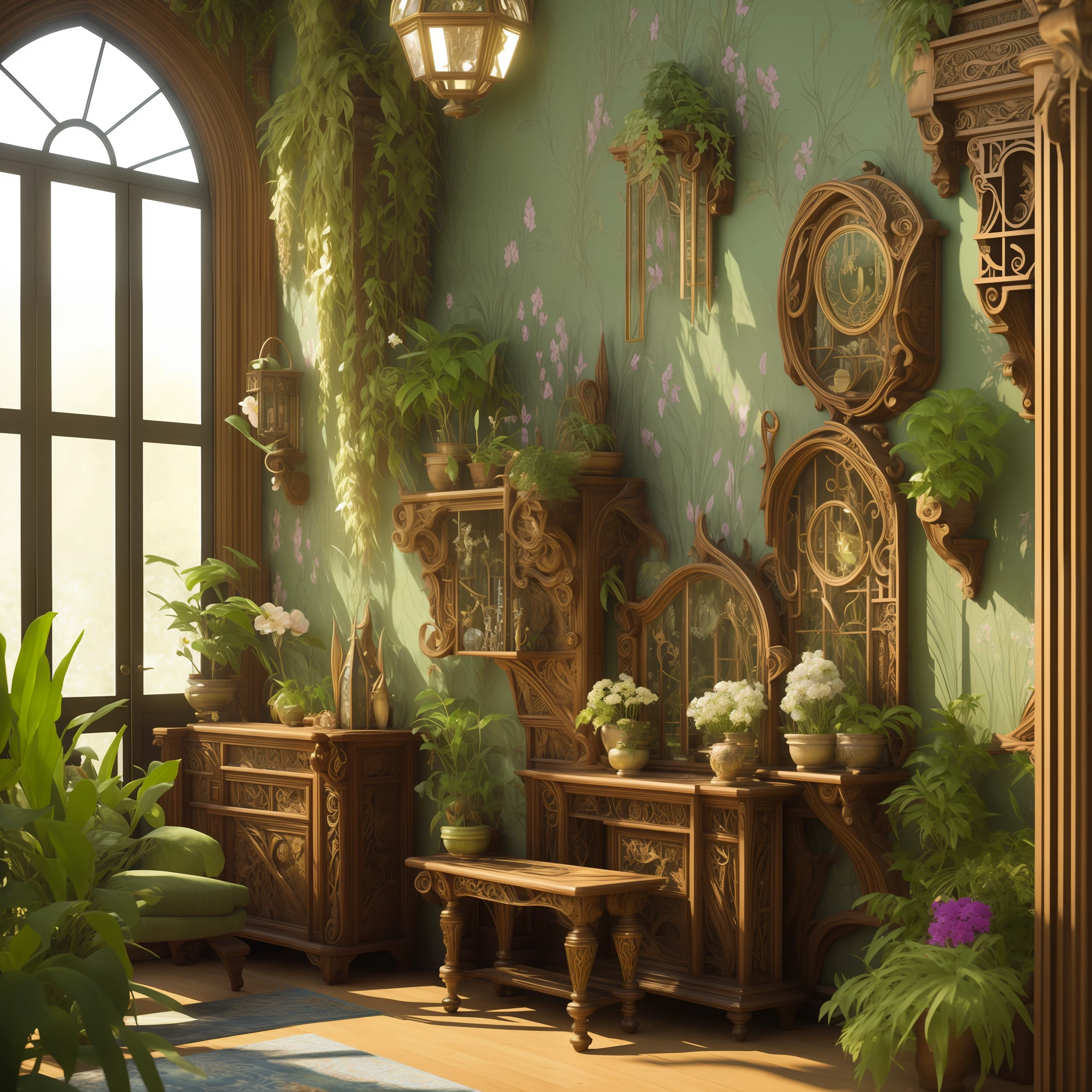 Fantasy, award-winning masterpiece with incredible details, epic quality, 4k resolution, Architectural digest photo of maximalist green {vaporwave / steampunk / solarpunk} ((elf bedroom)) with flowers and plants, moonlight, night, carved elven furniture, elven lanterns, mirror on the wall, ornate details, walls covered with openwork carvings, photorealism, hdr