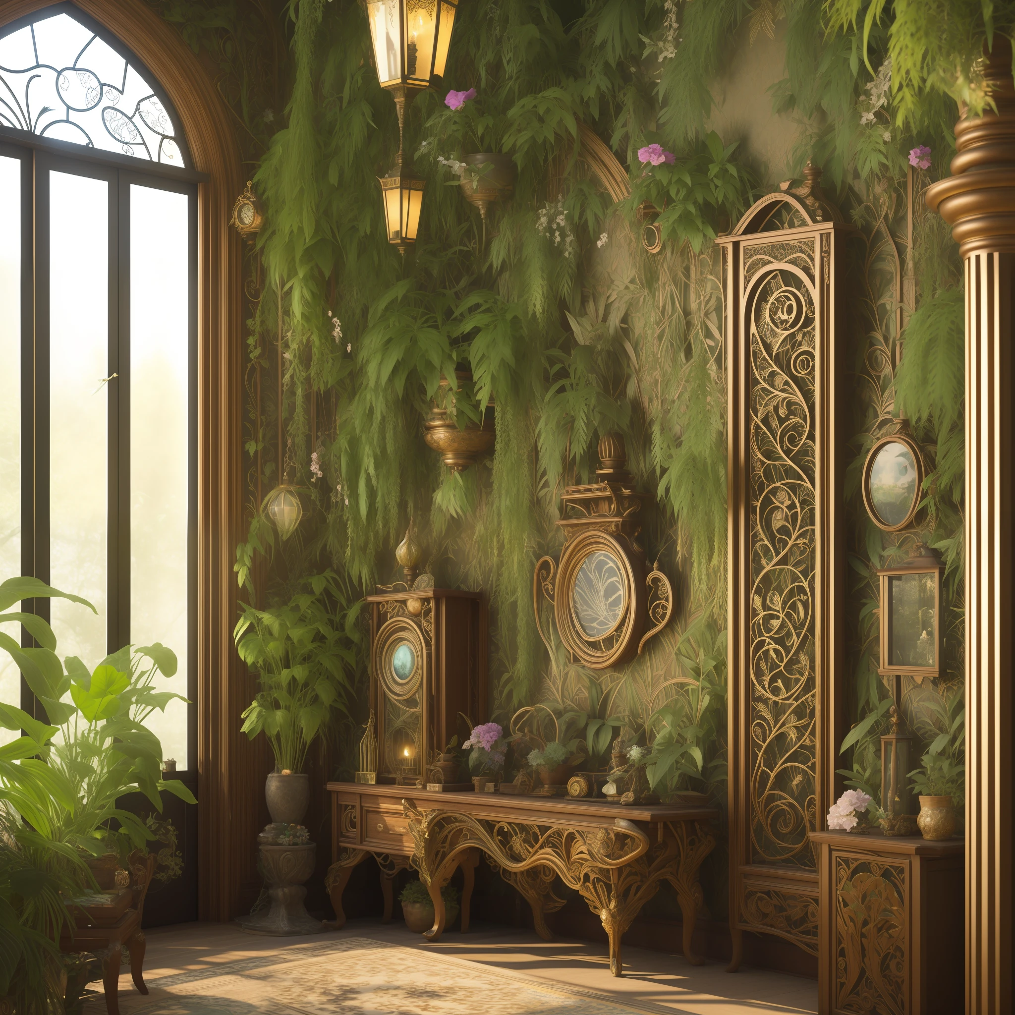 Fantasy, award-winning masterpiece with incredible details, epic quality, 4k resolution, Architectural digest photo of maximalist green {vaporwave / steampunk / solarpunk} ((elf bedroom)) with flowers and plants, moonlight, night, carved elven furniture, elven lanterns, mirror on the wall, ornate details, walls covered with openwork carvings, photorealism, hdr