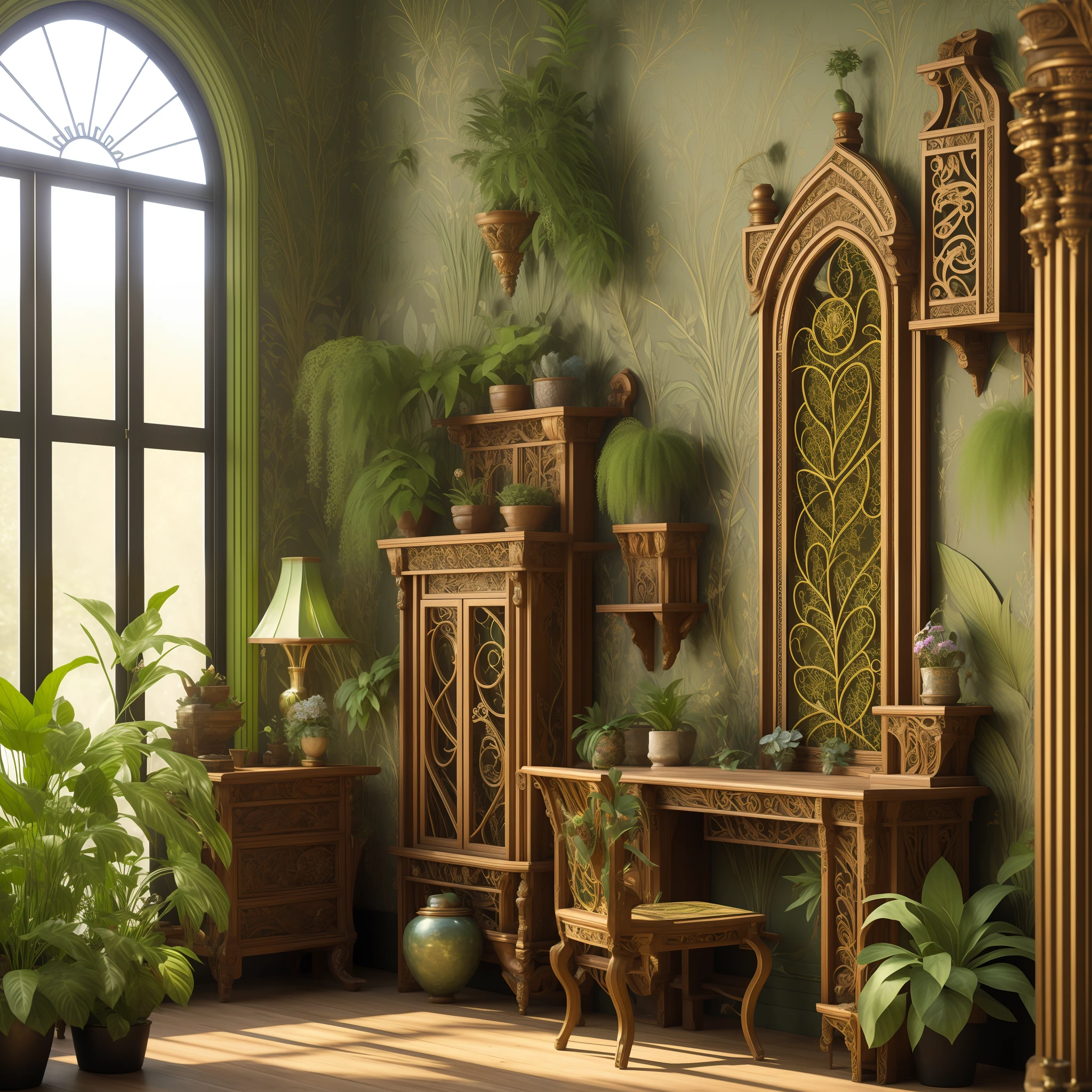 Fantasy, award-winning masterpiece with incredible details, epic quality, 4k resolution, Architectural digest photo of maximalist green {vaporwave / steampunk / solarpunk} ((elf bedroom)) with flowers and plants, moonlight, night, carved elven furniture, elven lanterns, mirror on the wall, ornate details, walls covered with openwork carvings, photorealism, hdr