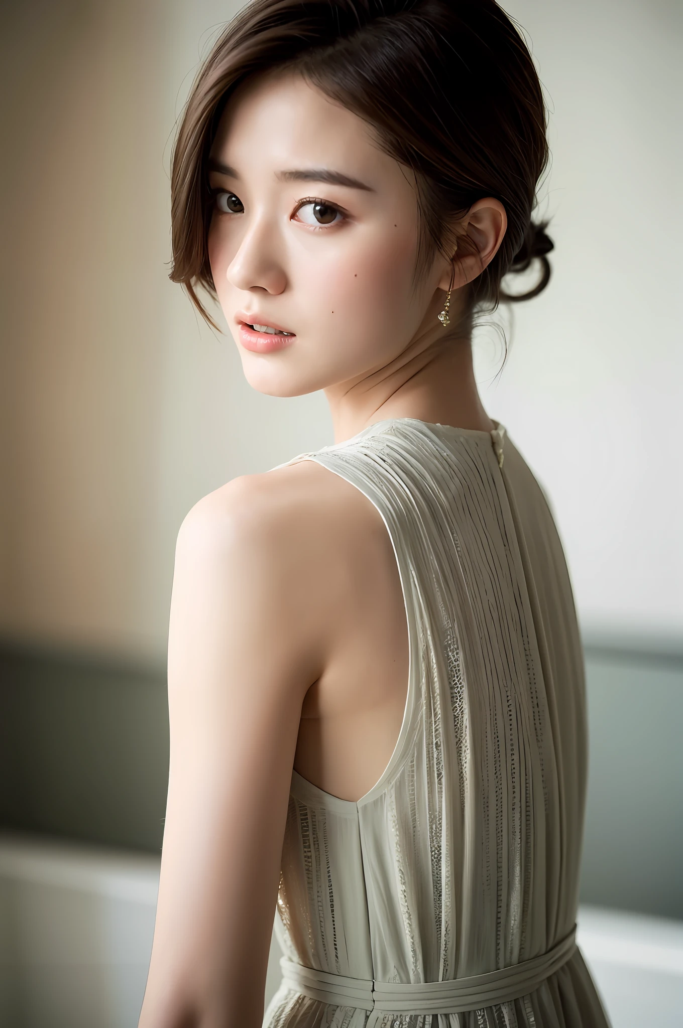 Best quality, Masterpiece, High resolution, 1girl, Beautiful and perfect face, 15 years old, beautiful back, very short hair, maxi dress, intricate details, cinematic feel, 8K, very detailed