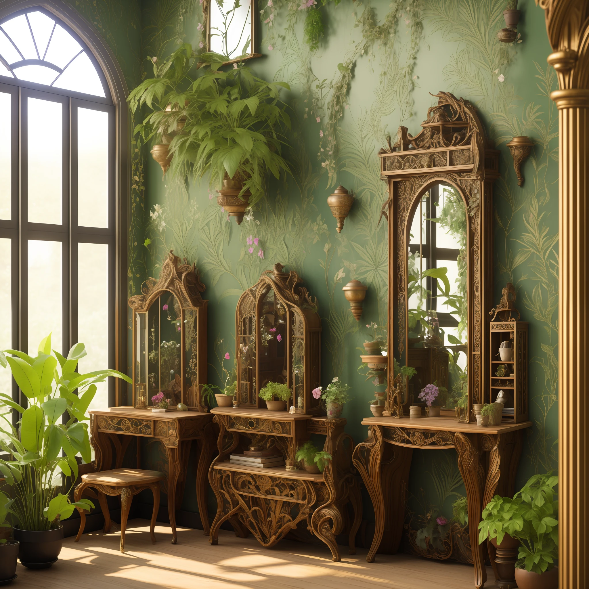 Fantasy, award-winning masterpiece with incredible details, epic quality, 4k resolution, Architectural digest photo of maximalist green {vaporwave / steampunk / solarpunk} ((elf bedroom)) with flowers and plants, moonlight, night, carved elven furniture, elven lanterns, mirror on the wall, ornate details, walls covered with openwork carvings, photorealism, hdr