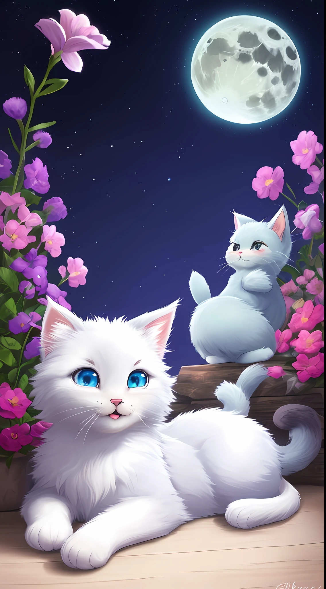 A cat lying on its stomach, a small kitten with a large furry tail, a small nose, small ears, blue eyes, purple background, flowers, vases, dreams, open mouth, smile, Caroline Chariot-Dayez pastels, tumblr, furry art, elokitty, Disney's Bambi, Disney's stylized furry, ears floating, fluffy tail, fluffy ', fluffy !!!, high resolution, furry art!!! The moon, small in size. One