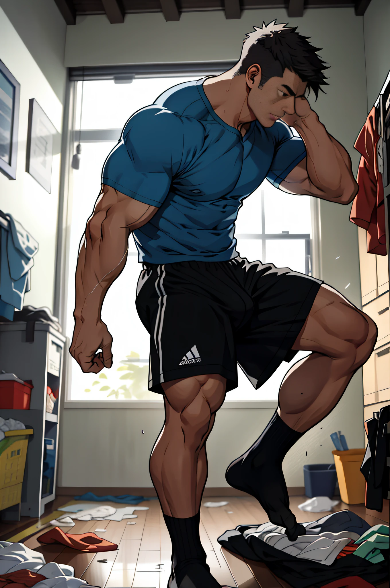 Height 195, muscular male dad, 1s, strong as a cow, energetic, energetic, single bedroom, used tissues everywhere, clothes with stains worn on the floor, messy room, smelly black socks worn aside, best quality, japanese, only black panties, white socks, bad, masterpiece, super high resolution, detailed background, reality, illustration, single, 1 boy, muscle man, volumetric lighting, depth of field, wheezing, raised crotch, handsome action, big dynamics