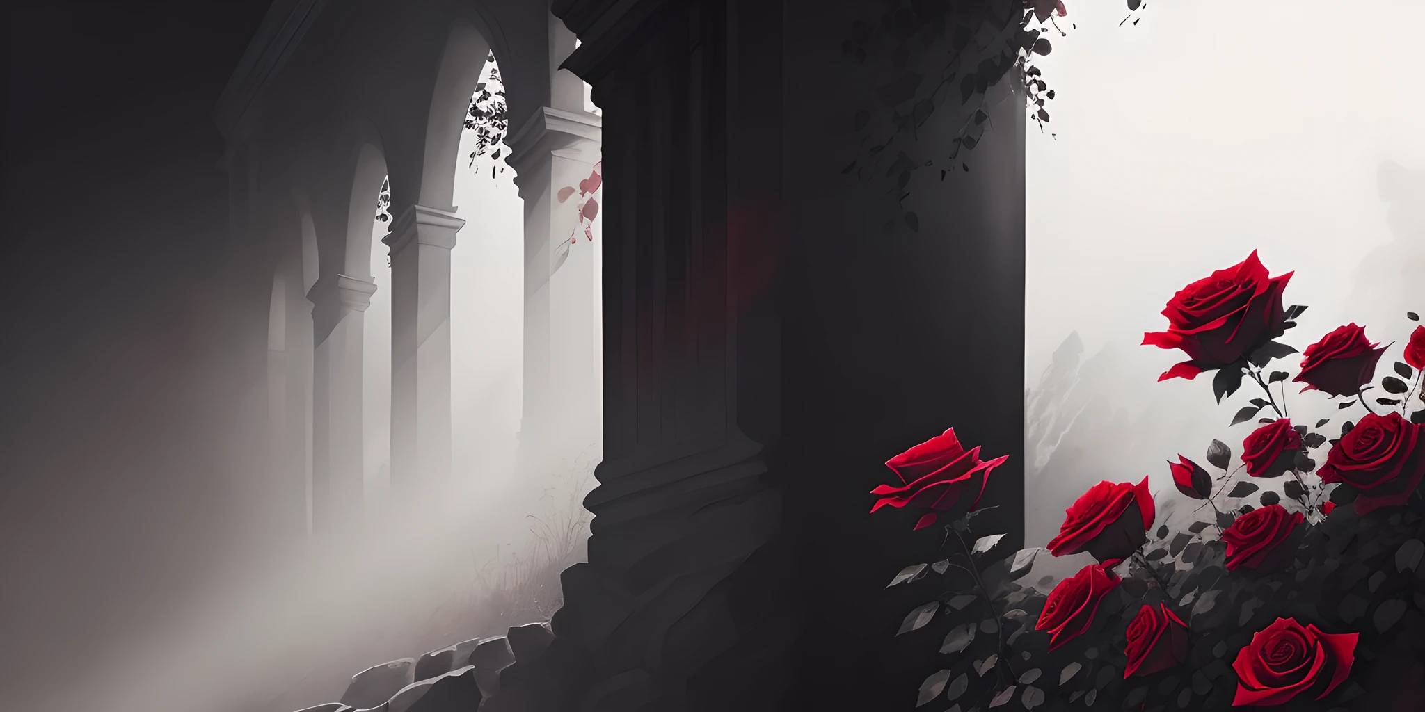 watercolour, digital painting, landscape, rich dark roses on a dark wall detailed background,8k, sketch, concept art, fading into lines, beautifully colored, excellent composition, gallery artwork, rough finishing, delicate details, sublime, beautiful, diffused lighting, apparent brush strokes, harmonious forms, awe-inspiring, magnificent, outstanding art,