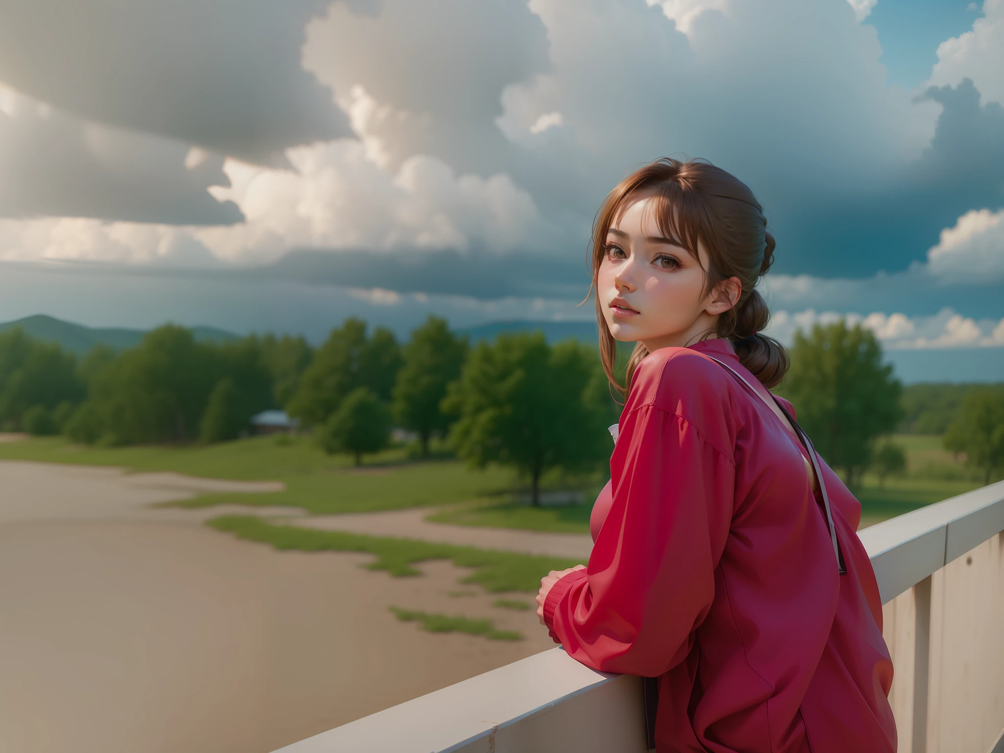 masterpiece, best quality,(realistic, photo-realistic:1.37), Suyu, 1girl, breasts, solo, cleavage, looking at viewer, brown hair, ponytail,full shot,expand photo,standing up