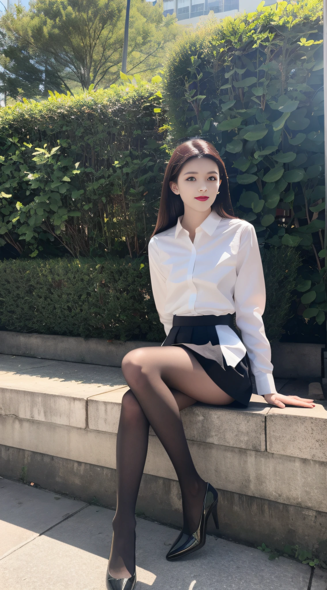 Best quality, full body portrait, delicate face, relatively thin face, 20 year old woman, slim body, small bust, OL uniform, white shirt, office clothes, black stockings, black high heels, outdoor scene, sitting position