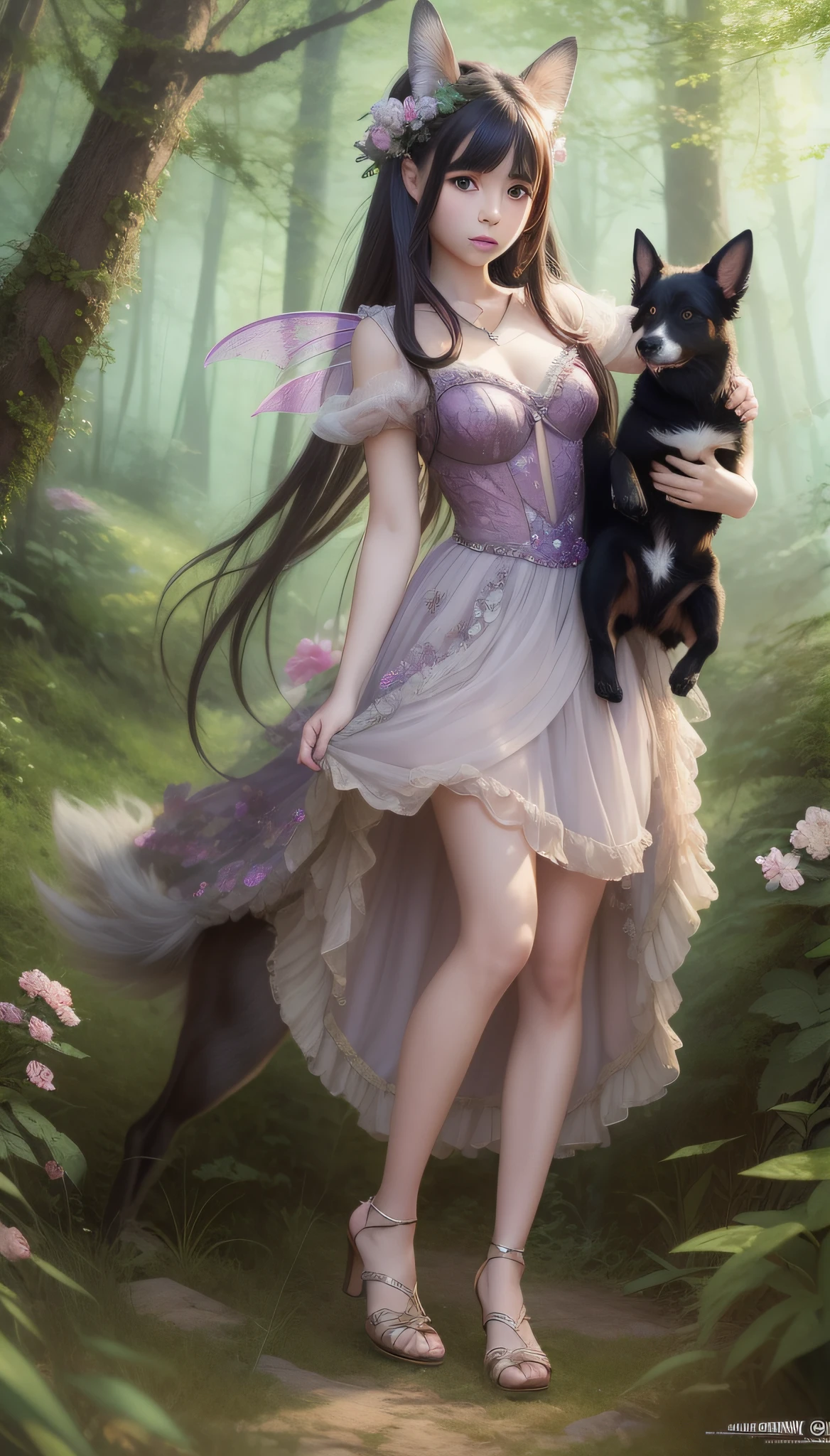 araffe girl in a fairy dress holding a dog in a forest, fantasy art style, digital fantasy art ), wlop and ross tran, artwork in the style of guweiz, ross tran 8 k, beautiful fantasy art, trending digital fantasy art, beautiful digital artwork, 8k high quality detailed art, ross tran and wlop, by Yang J