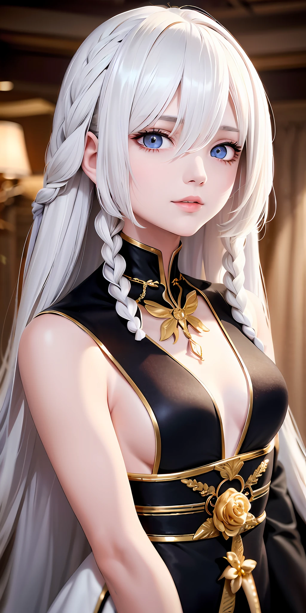 Excellent, masterpiece, white hair, golden eyes, looking up, upper body, hair, fair skin, side braids