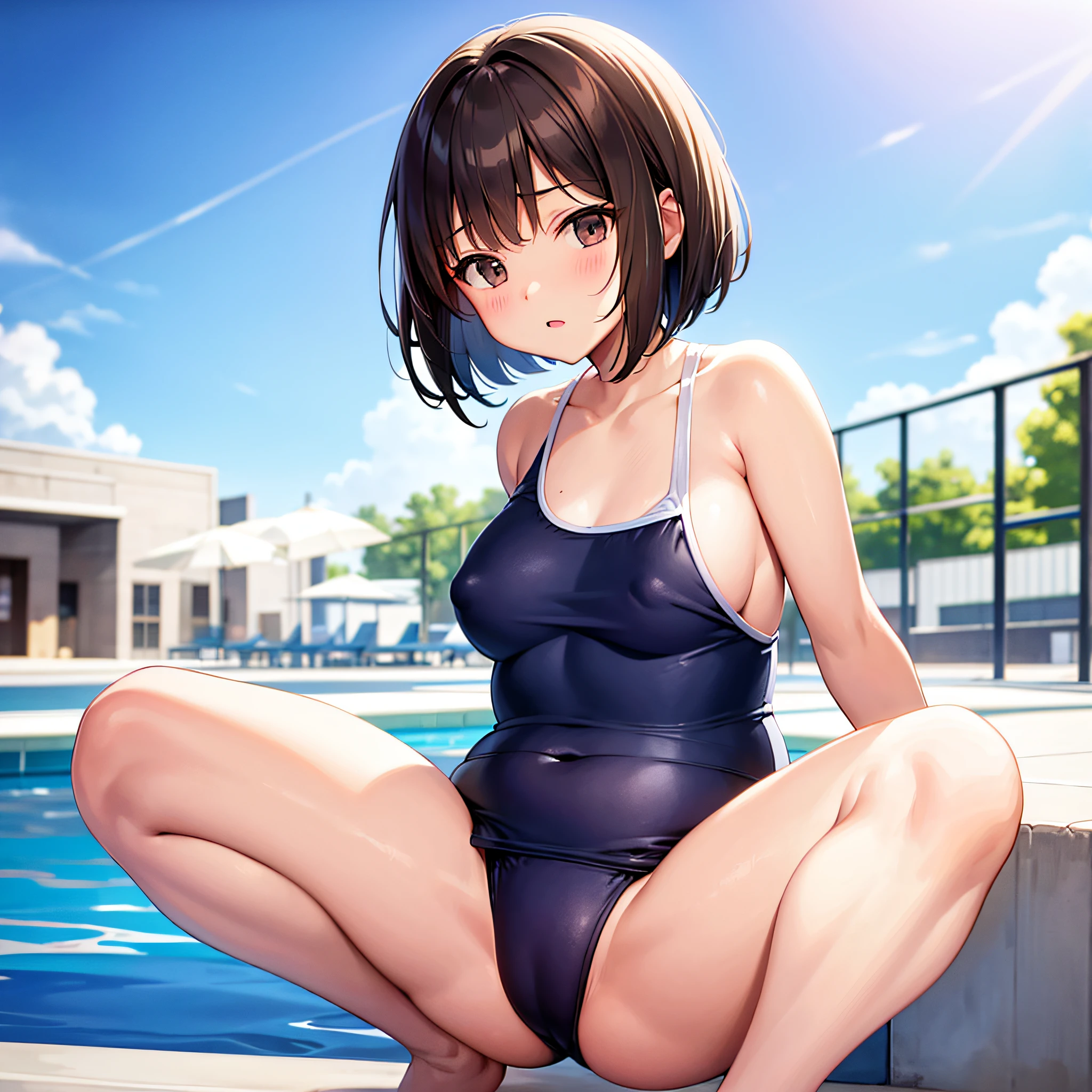 Elementary school student Old school swimsuit A little chubby and small breasts Nipple protrusion clearly visible Poolside Brown hair and bob nipple