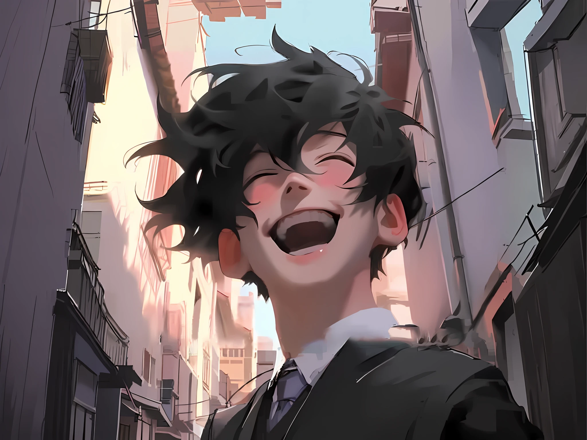 anime boy with black hair and glasses laughing in a narrow alley, [[[[grinning evily]]]], insane smile, inspired by Okumura Masanobu, he is smiling, inspired by Okumura Togyu, expressing joy. by krenz cushart, guweiz, grinning lasciviously
