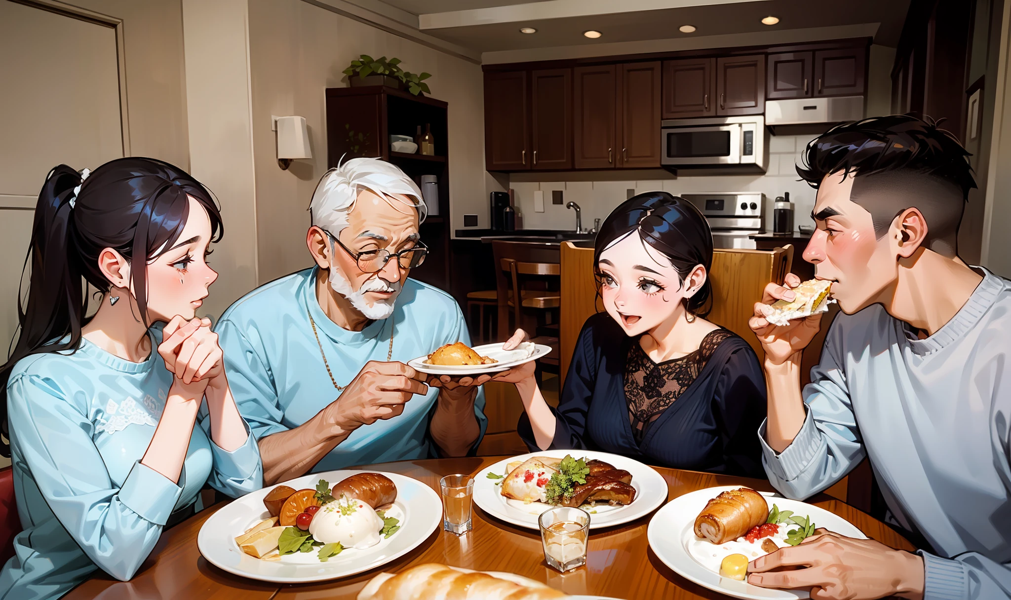 50-year-old couple and a young couple eating at a fancy restaurant