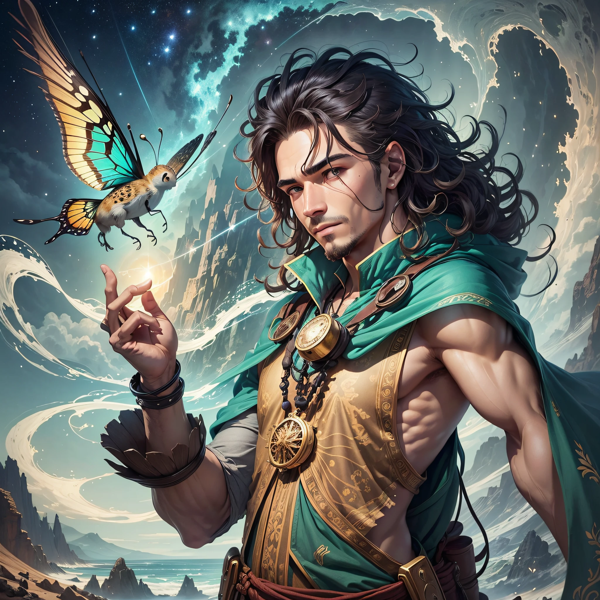 This anthropomorphic masculine figure of the map shows the qualities of wisdom and exploration, and he is the embodiment of geography and travel. His posture is tall and flexible, embodying the ability to explore and connect with the world. His skin takes on the texture of a map, and the lines and patterns of the map outline his face, symbolizing his knowledge and familiarity with world geography. Above his head exudes a vast starry sky, through which meteors travel. His hair is like the waves of the sea, thick and vibrant, symbolizing his care and love for the sea and waters. His eyes are bright and focused, revealing an observation of the landscape and environment. His arms are strong and dexterous, and he holds a jade-colored compass pointing to the real north, symbolizing his guidance and exploration of unknown lands. His fingertips emit a shimmer, symbolizing his drive for adventure and an adventurous spirit. He wears a comfortable adventure outfit with a world map embroidered on his chest, demonstrating his love and dedication to geography. His voice is pleasant and bright, with a passion for exploration and the power to inspire. He speaks passionately about the wonders of the planet and the diversity of humanity, encouraging people to discover new places and experience different cultures. A flock of colorful butterflies and birds fly around him, symbolizing his harmonious symbiosis with the natural environment. This anthropomorphic male figure of the map stimulates curiosity and exploration about the world, encouraging people to expand their knowledge and horizons. His image is a reminder that the world is so vast and diverse that each of us has the responsibility and opportunity to discover and appreciate its beauty. --auto --s2